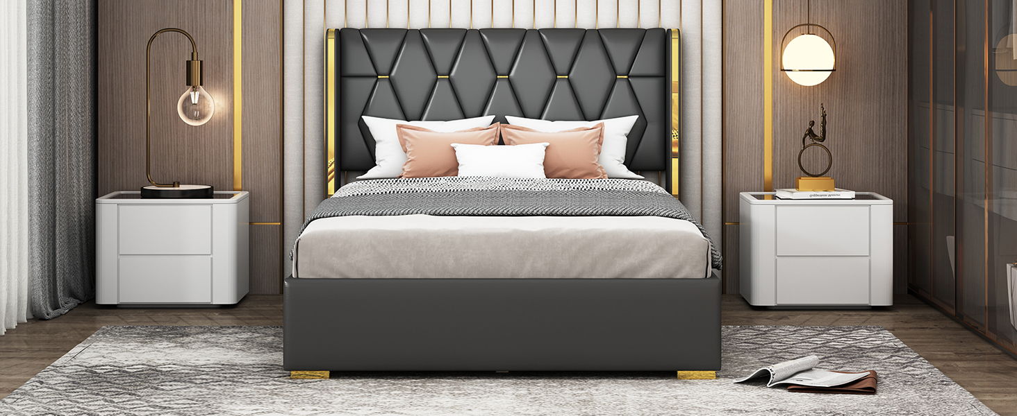 Upholstered Platform Bed With Strips - Black