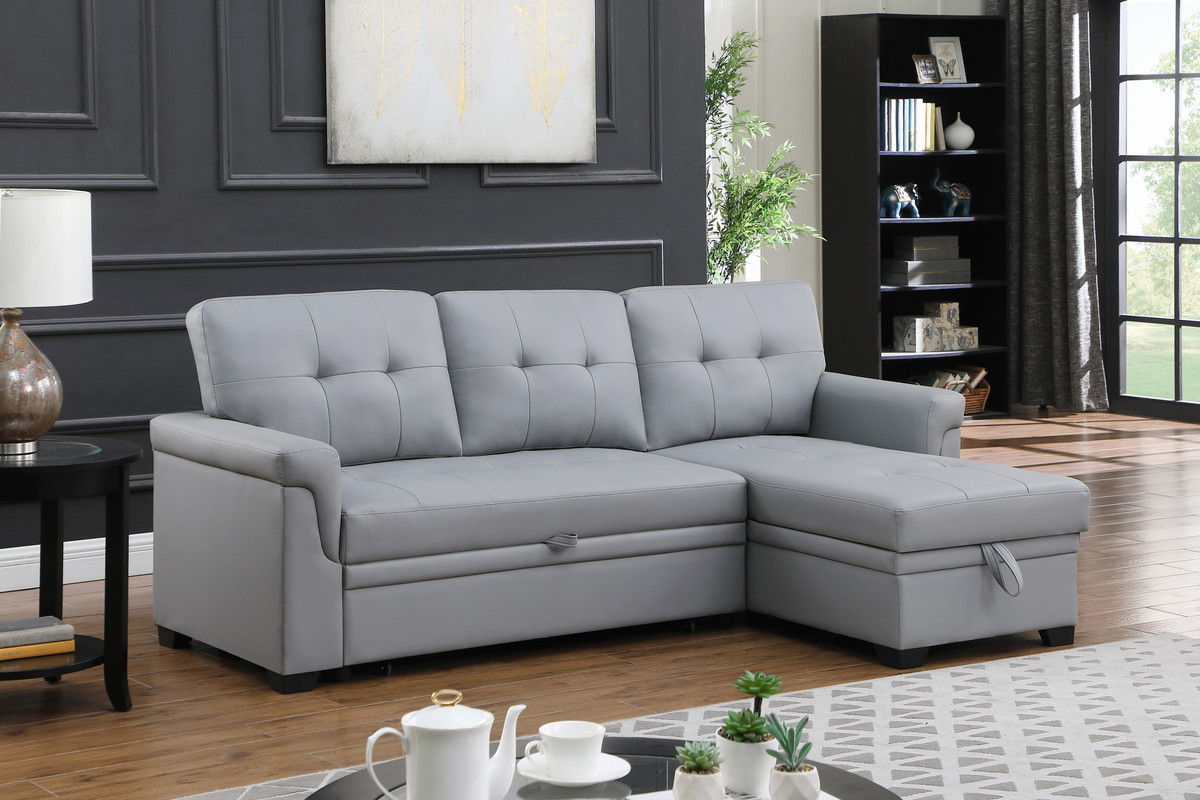 Lucca 84"W Gray Vegan Leather Modern Reversible Sleeper Sectional Sofa with Storage Chaise