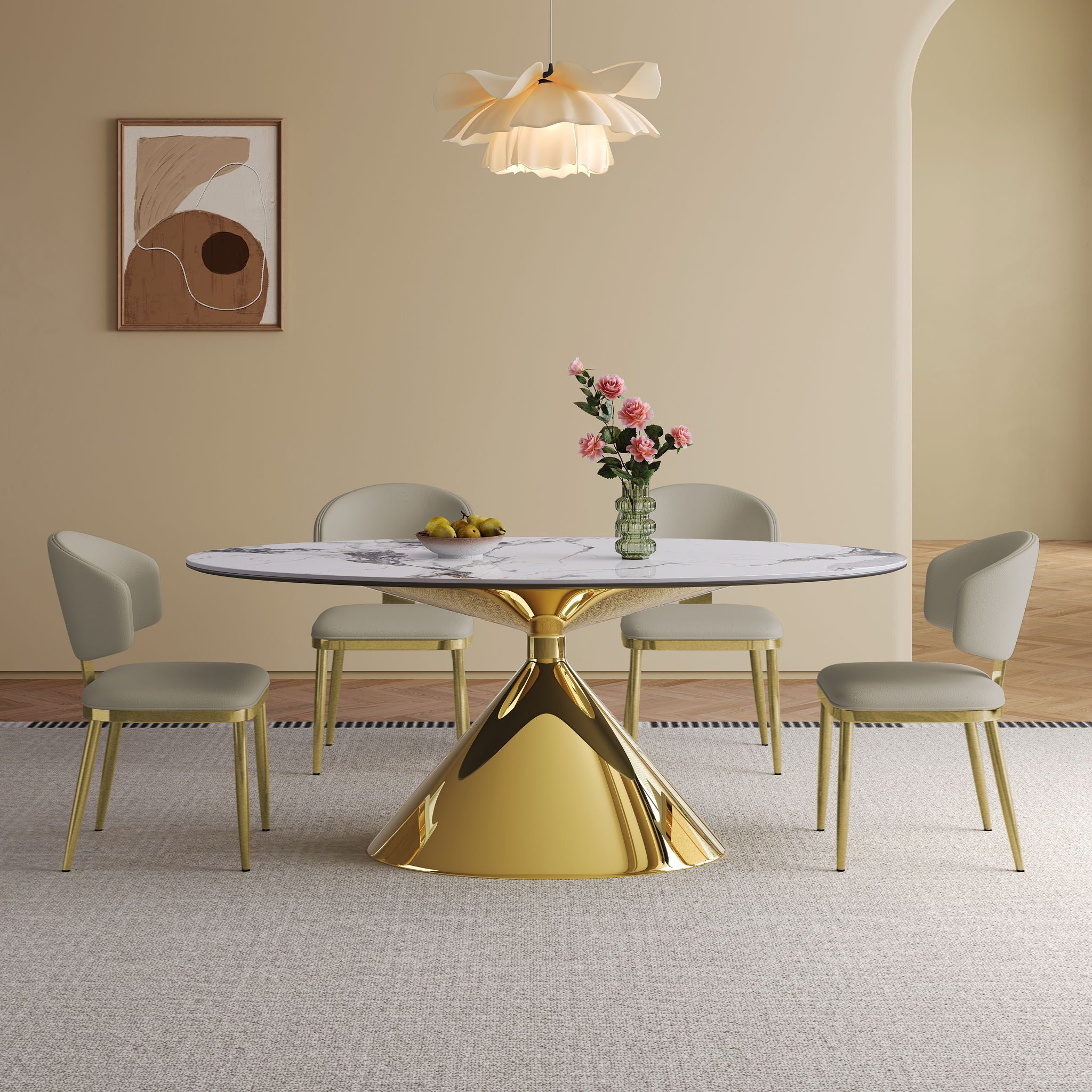 Modern Luxury Marble Dining Table Set Oval Kitchen Table With Stainless Steel Base - Gold / White Print