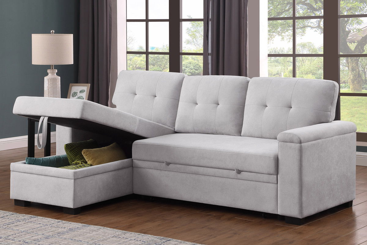 Lucca II 84.5"W Light Gray Woven Fabric Reversible Sleeper Sectional Sofa with Storage Chaise