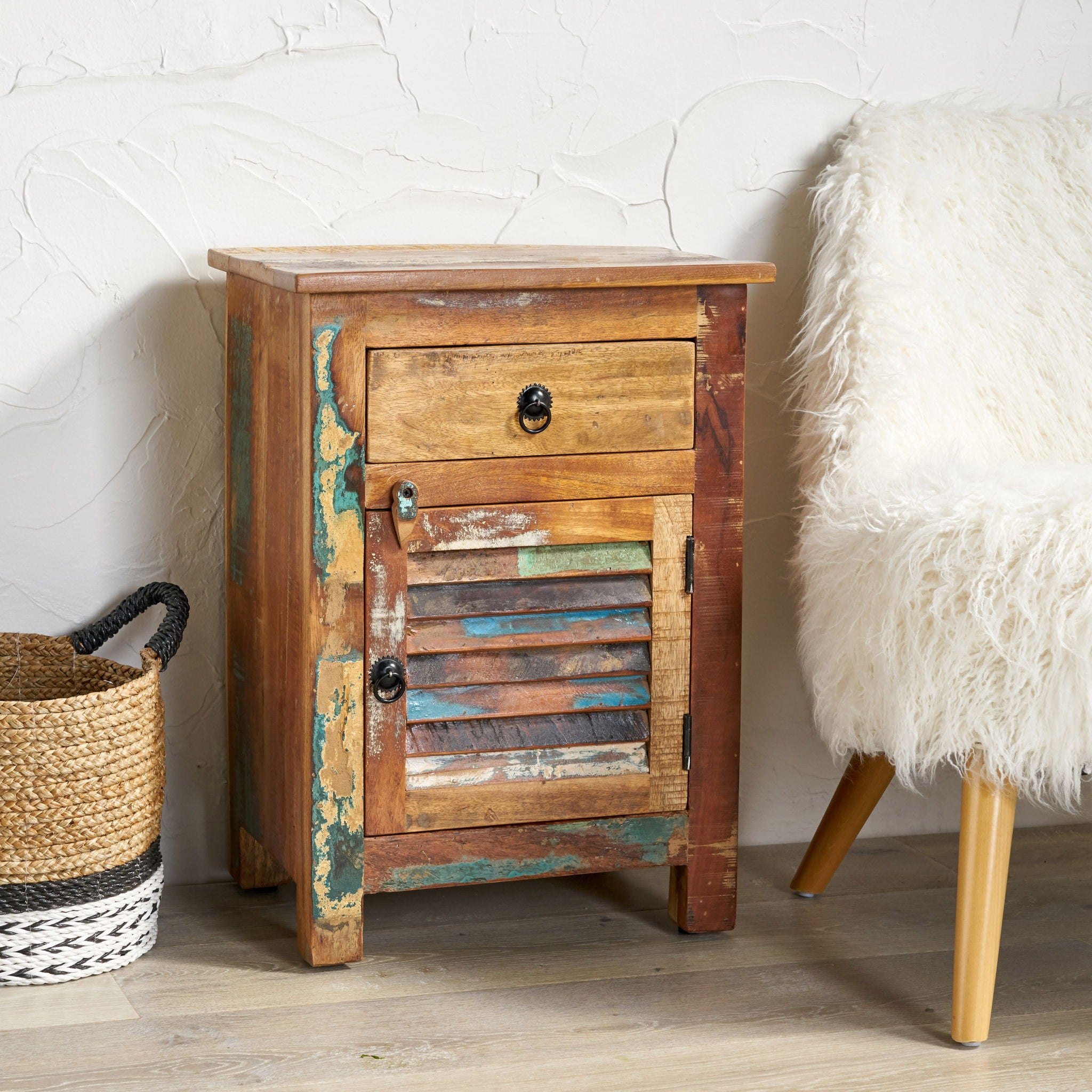 Recycled Wood Side Table With Drawer And Door - Natural