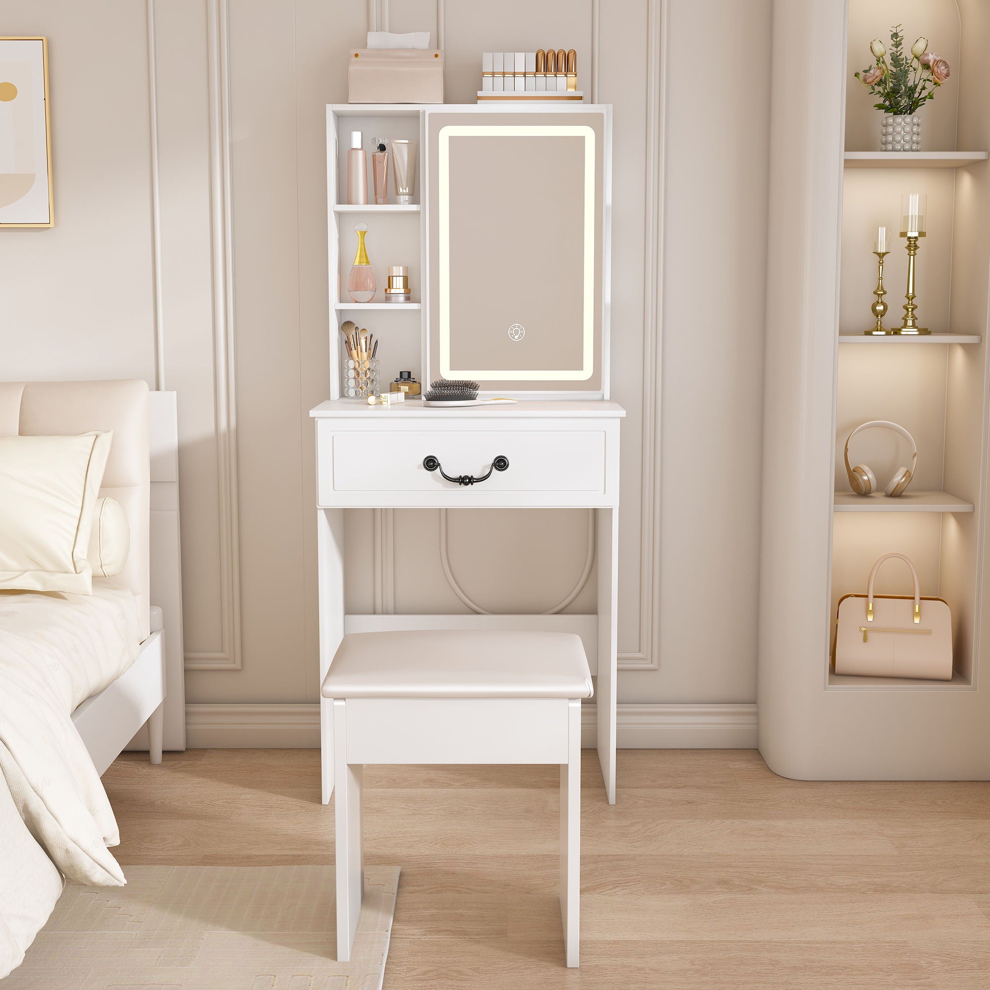 Modern Mini Dressing Table With Led-Lit Mirror & Hidden Storage, Adjustable Brightness Vanity Desk - White