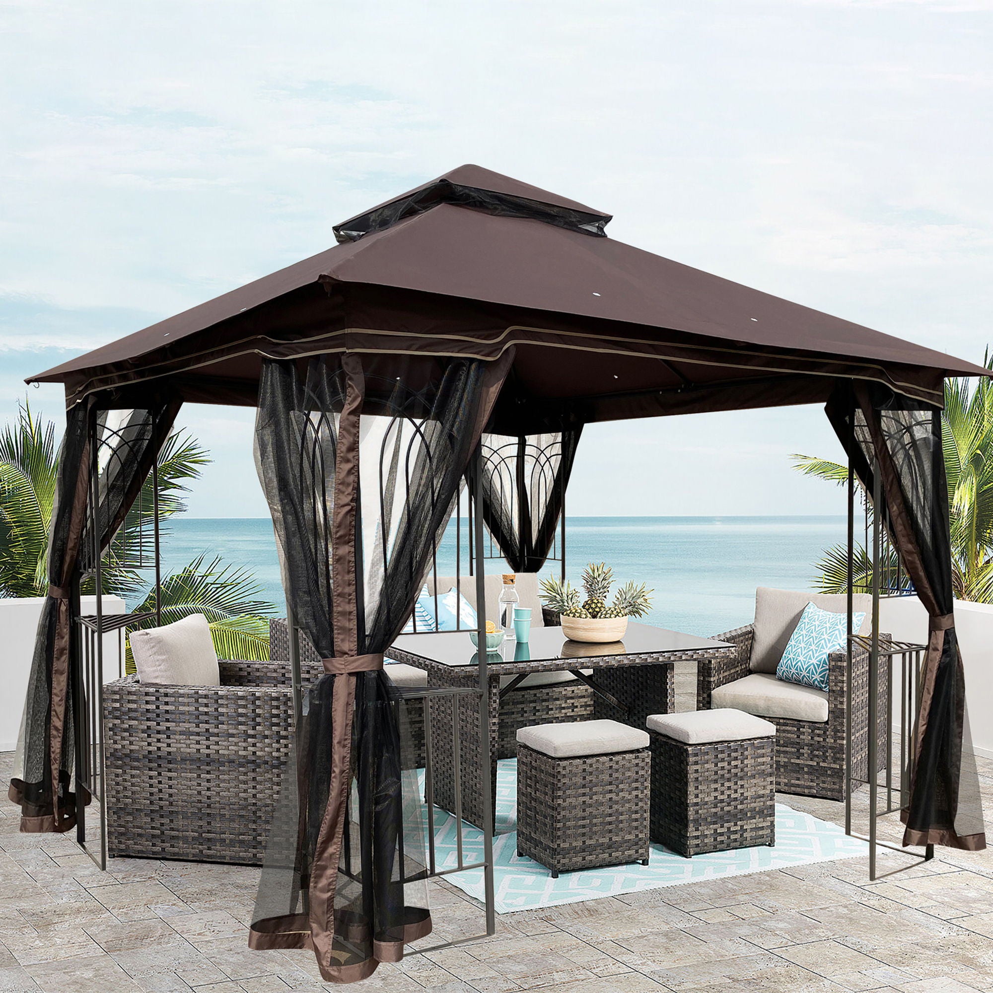 Patio Gazebo Tent With Ventilated Double Roof And Mosquito Net