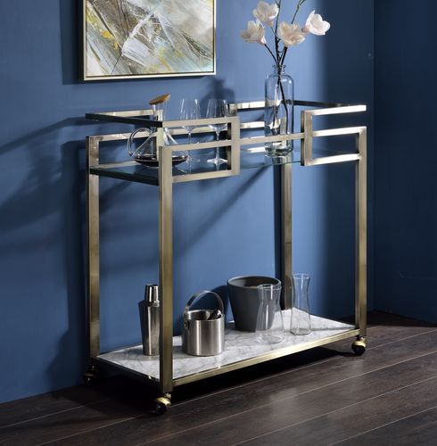 ACME Neilo - Kitchen Cart - Clear Glass, Faux Marble & Wire Brass Finish | Meri Furniture