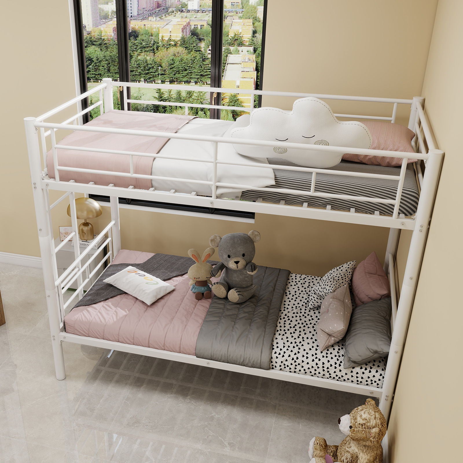 Metal Bunk Bed For Kids, Convertible Bedframe With Ladders & Guardrail