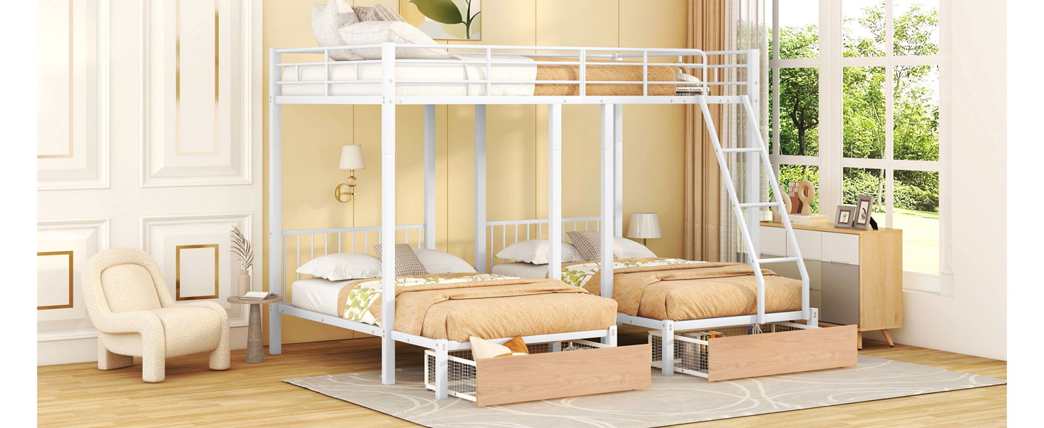 Triple Bunk Bed With Drawers And Guardrails