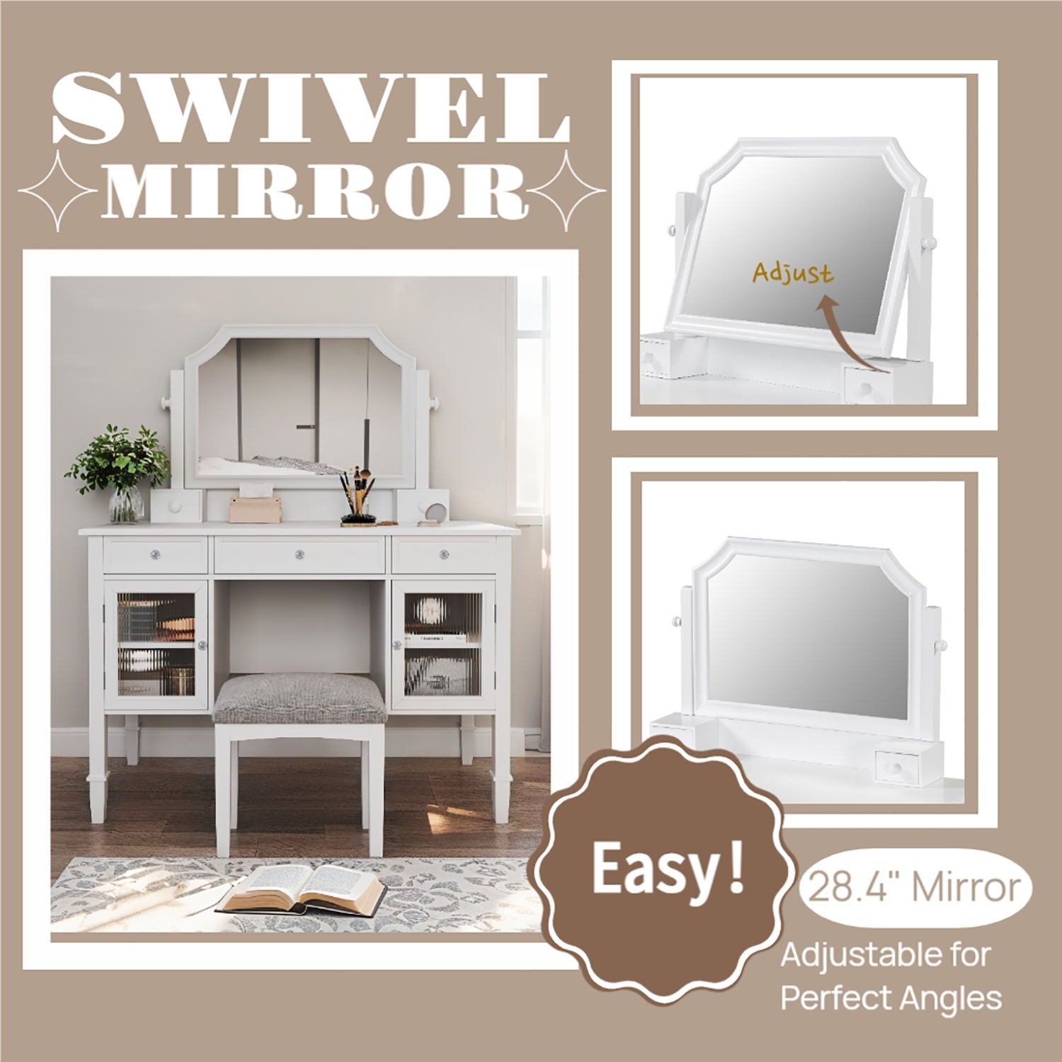 Elegant Makeup Vanity Desk With Adjustable Mirror And Storage And Construction - White