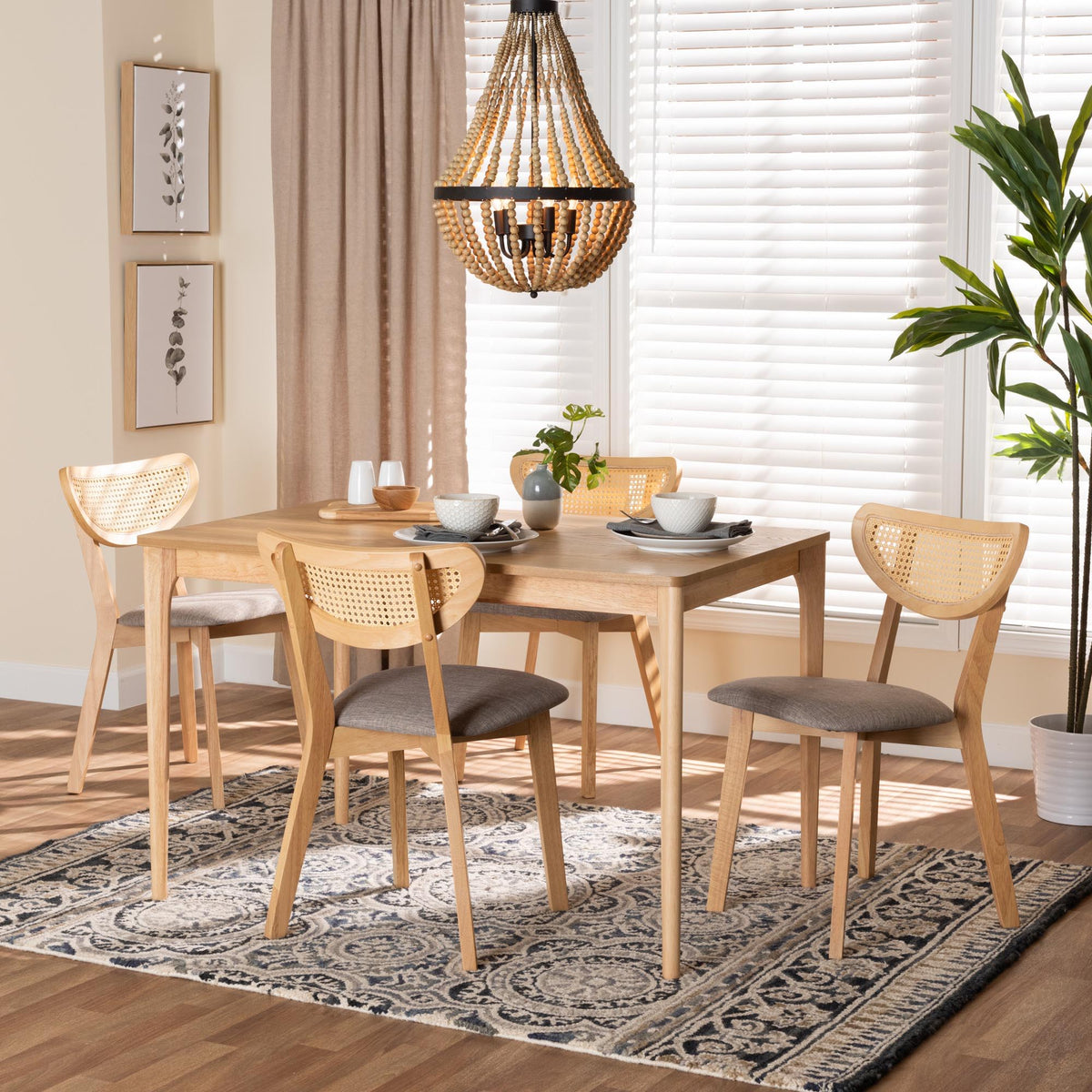 Dannell Mid-Century Modern Grey Fabric and Natural Oak Finished Wood 5-Piece Dining Set