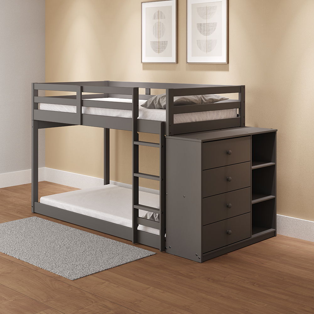 Gaston - Twin Over Twin Bunk Bed With 4 Drawers & 3 Compartments - Gray