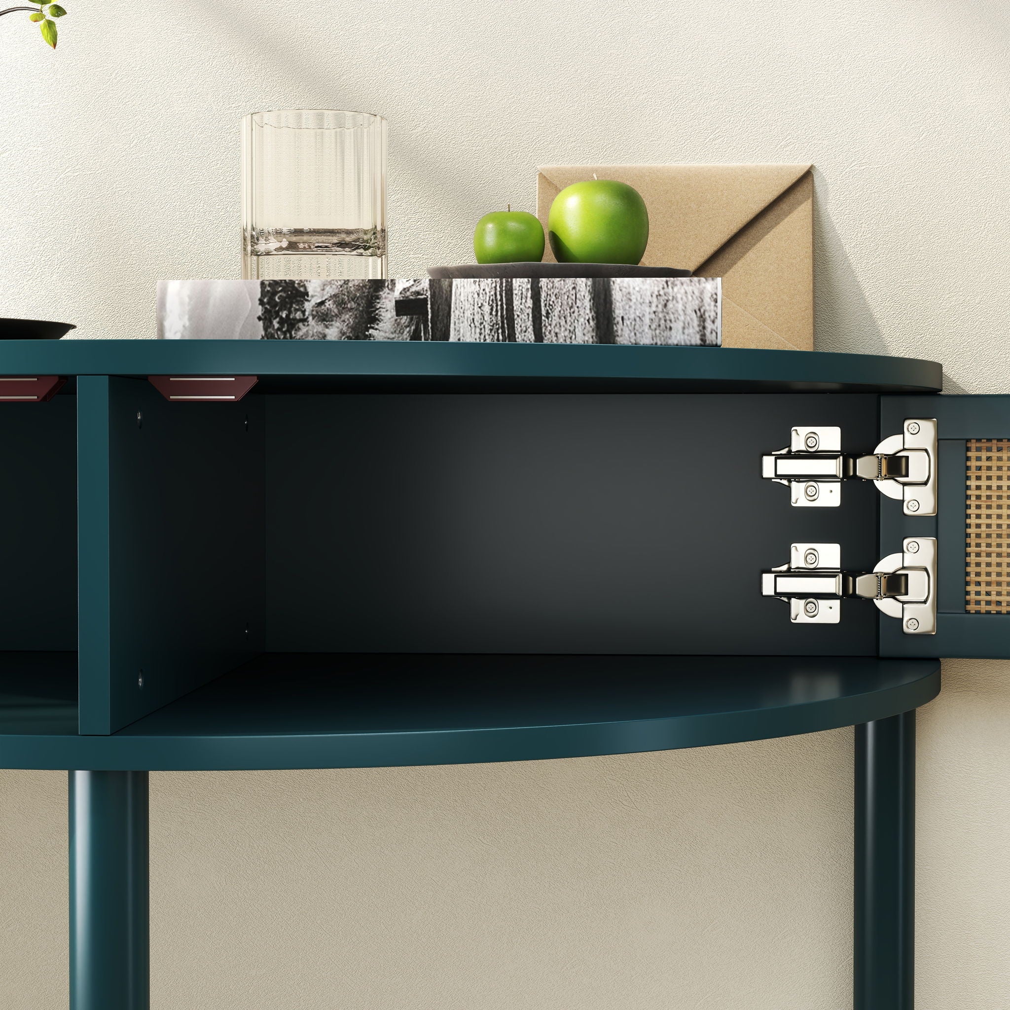 Boho Rattan Semi Circle End Table With Sliding Rattan Door, Storage And Bottom Shelf