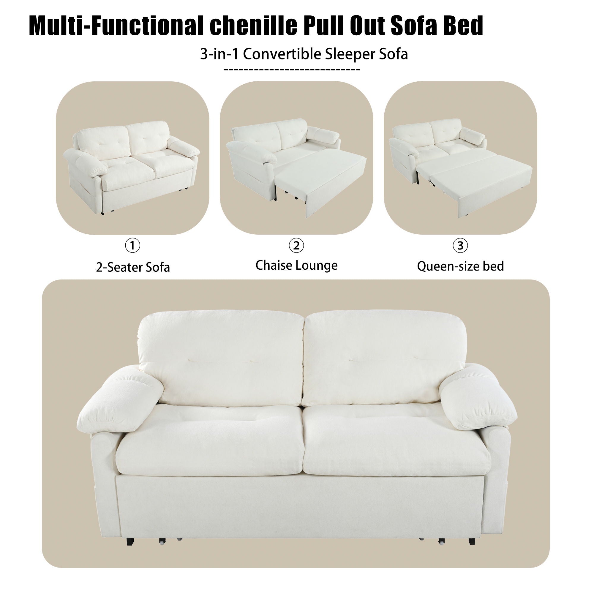 Modern Convertible Sleeper Sofa Bed With Pull-Out Queen Design, Side Storage & Thick Cushions