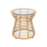 San Pedro - Boho Style Side Table With Tempered Glass Top - Light Brown Rattan