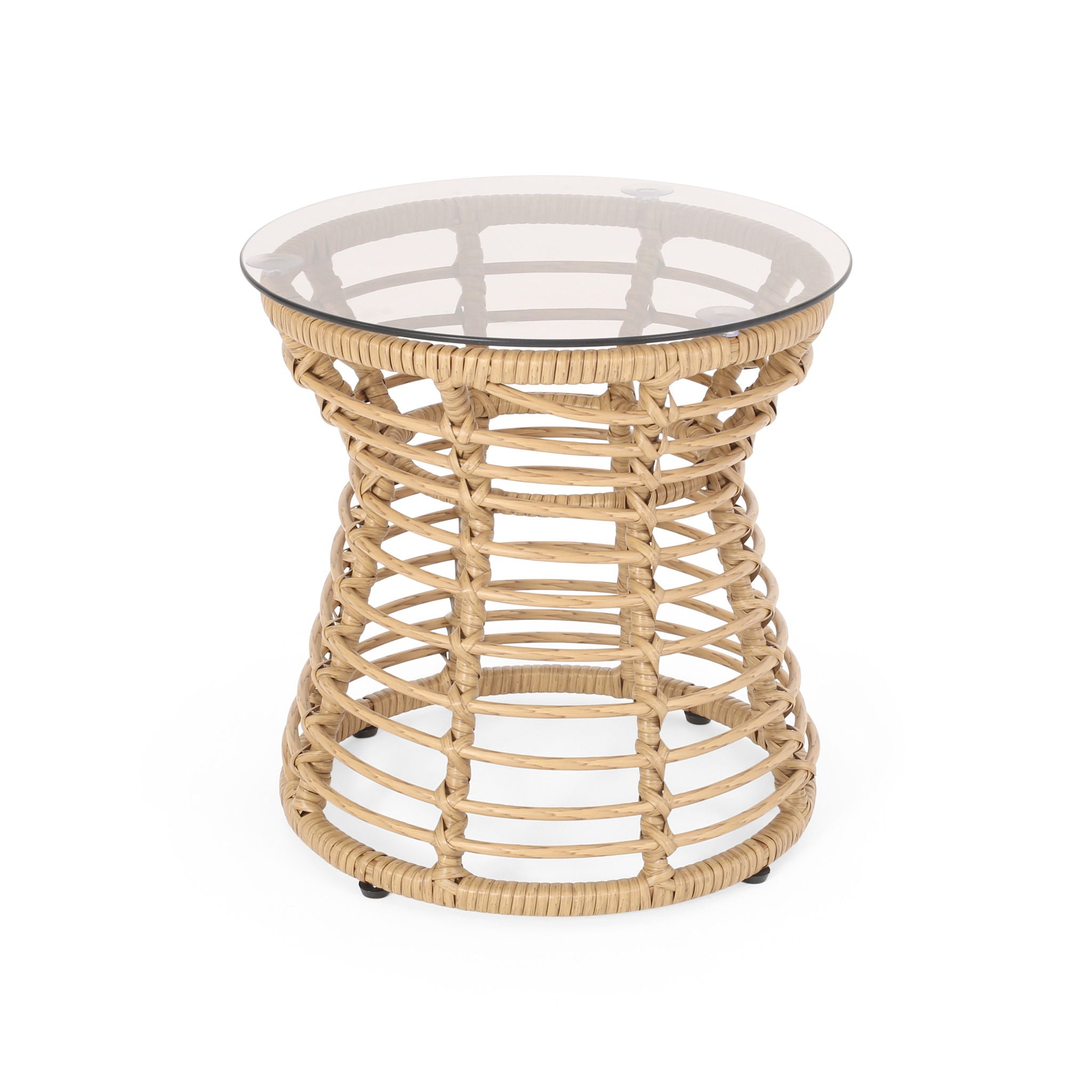 San Pedro - Boho Style Side Table With Tempered Glass Top - Light Brown Rattan