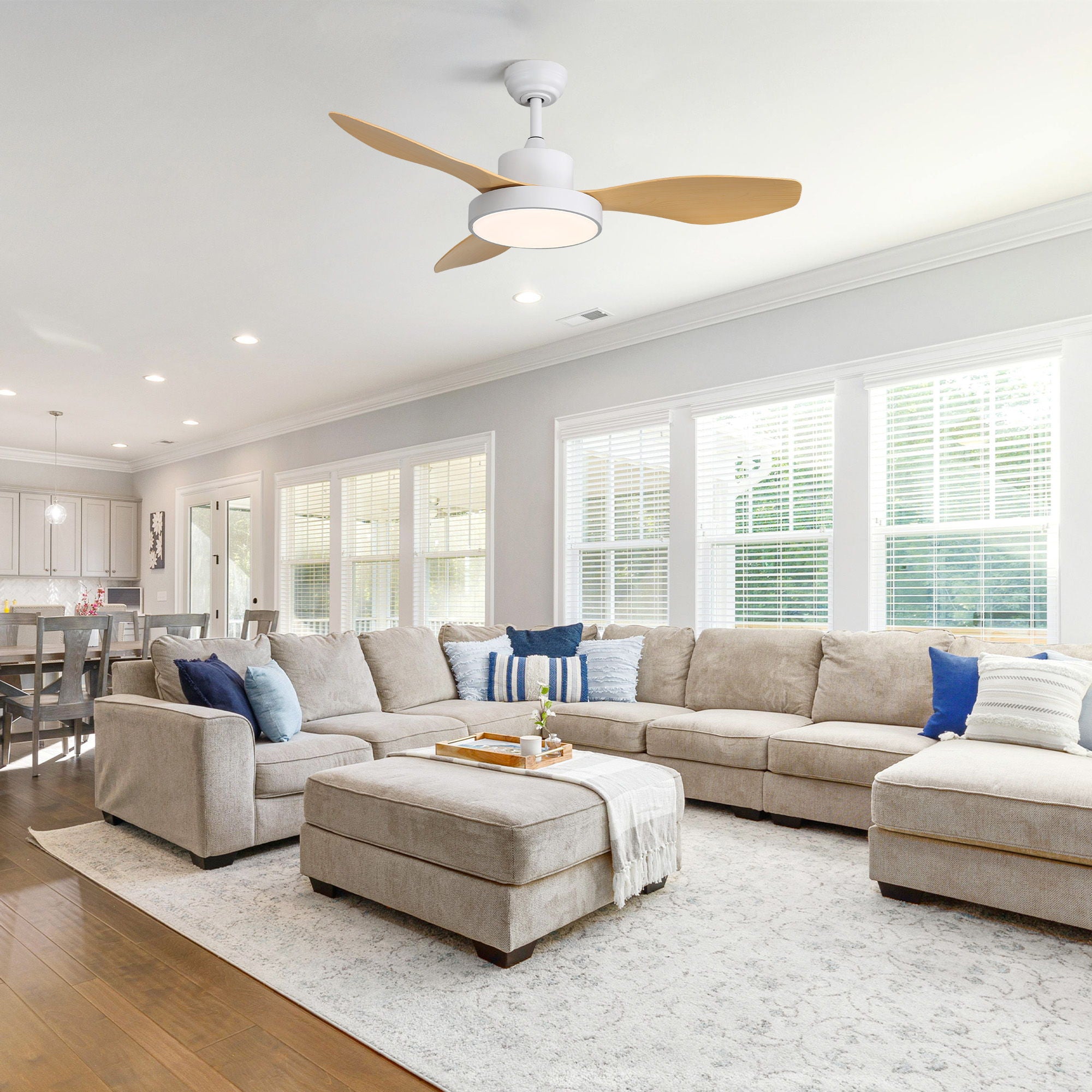 Ceiling Fan With 22W LED Light And Remote Control 6 Speeds Reversible DC Motor For Living Room - White