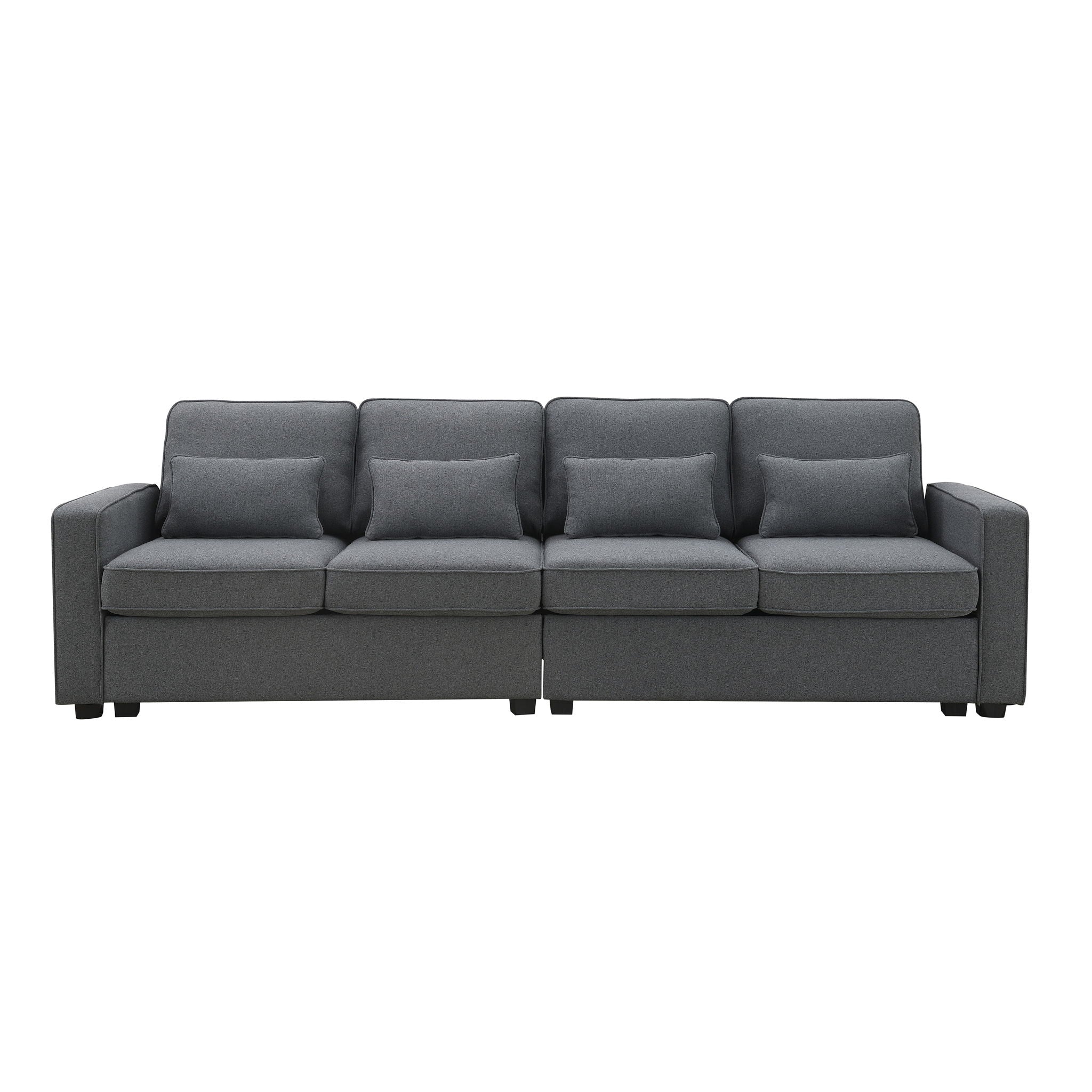 4 Seater Modern Linen Sofa With Armrest Pockets And 4 Pillows, Minimalist Style Couch For Living Room