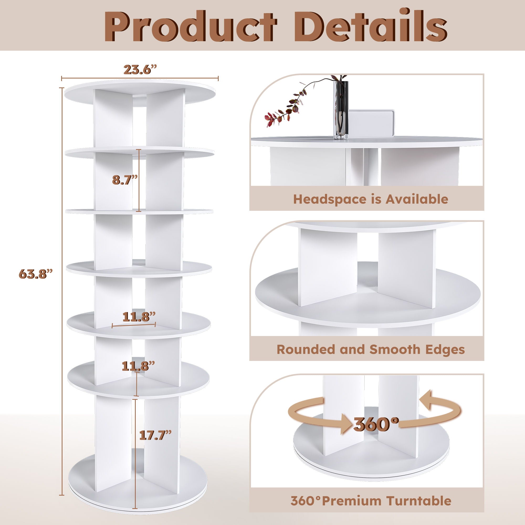 6 Tier Spinning Shoe Rack, Free Standing 360° Revolving Shoe Organizer - White