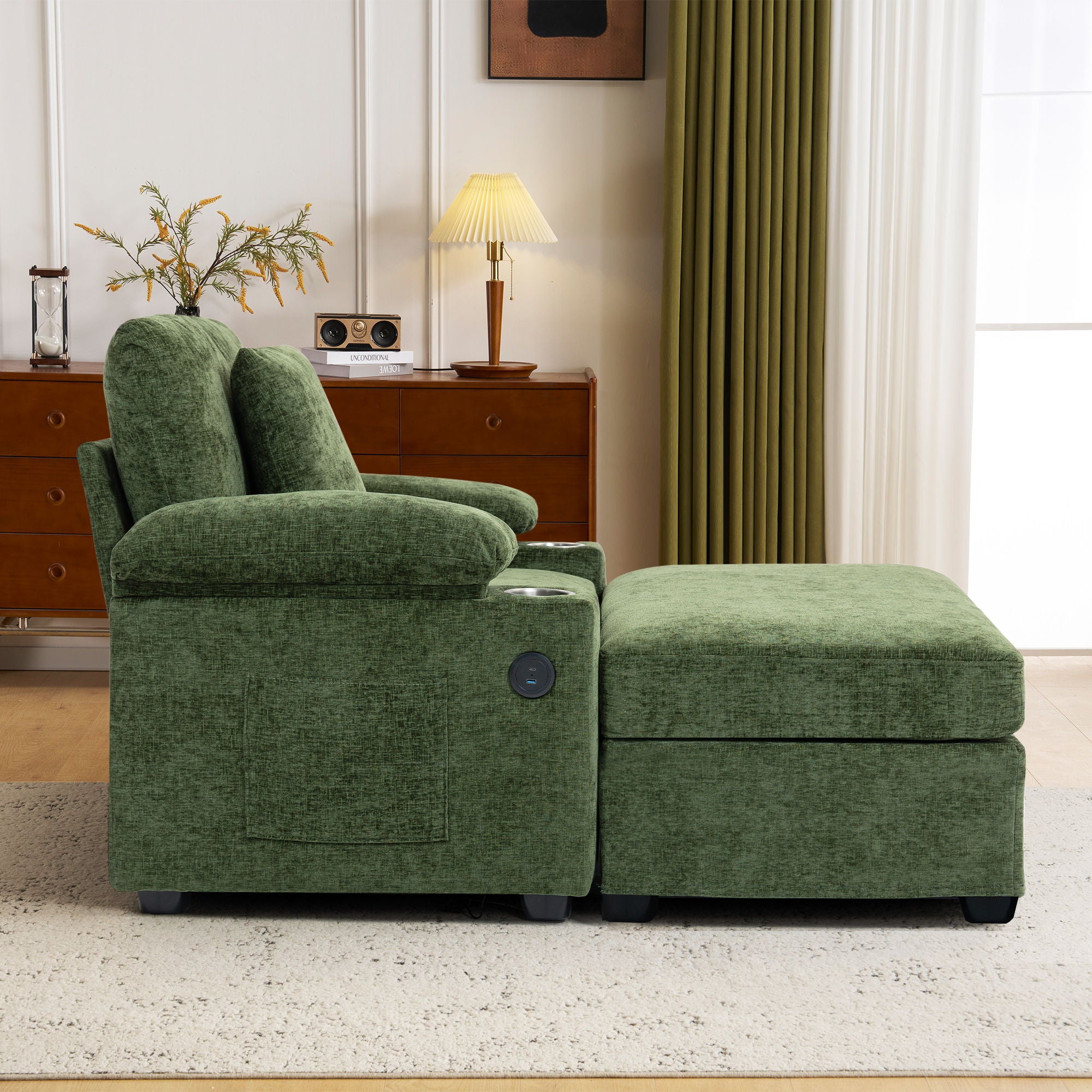 Modern Oversized Chair With Ottoman, Cupholders And USB Charging Ports