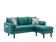 Mia 70"W Green Sectional Sofa Chaise with USB Charger & Pillows