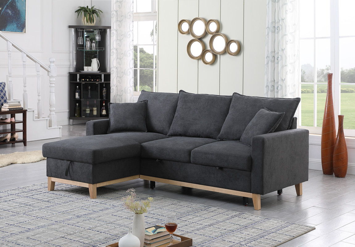 Colton 84.25"W Dark Gray Woven Reversible Sleeper Sectional Sofa with Storage Chaise