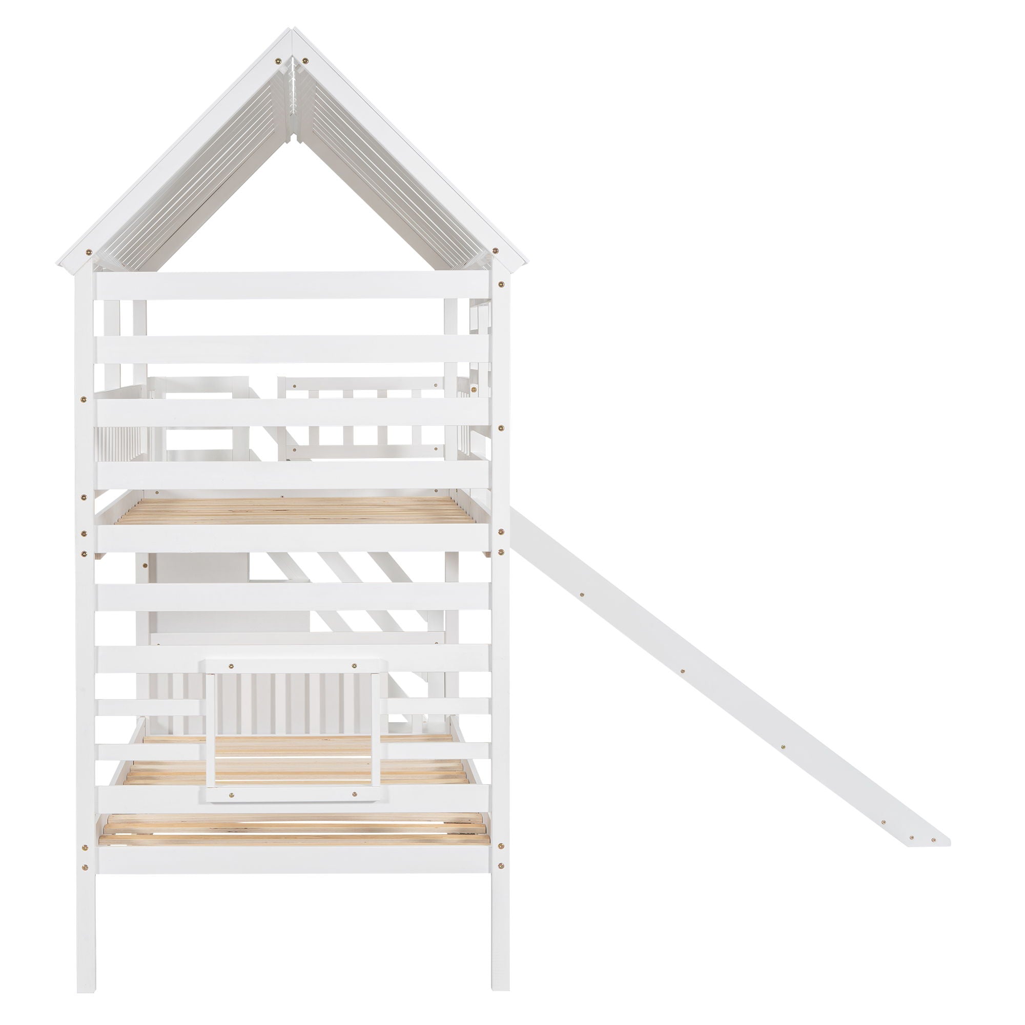 House Bunk Bed With Trundle, Storage Staircase, Roof And Window Design