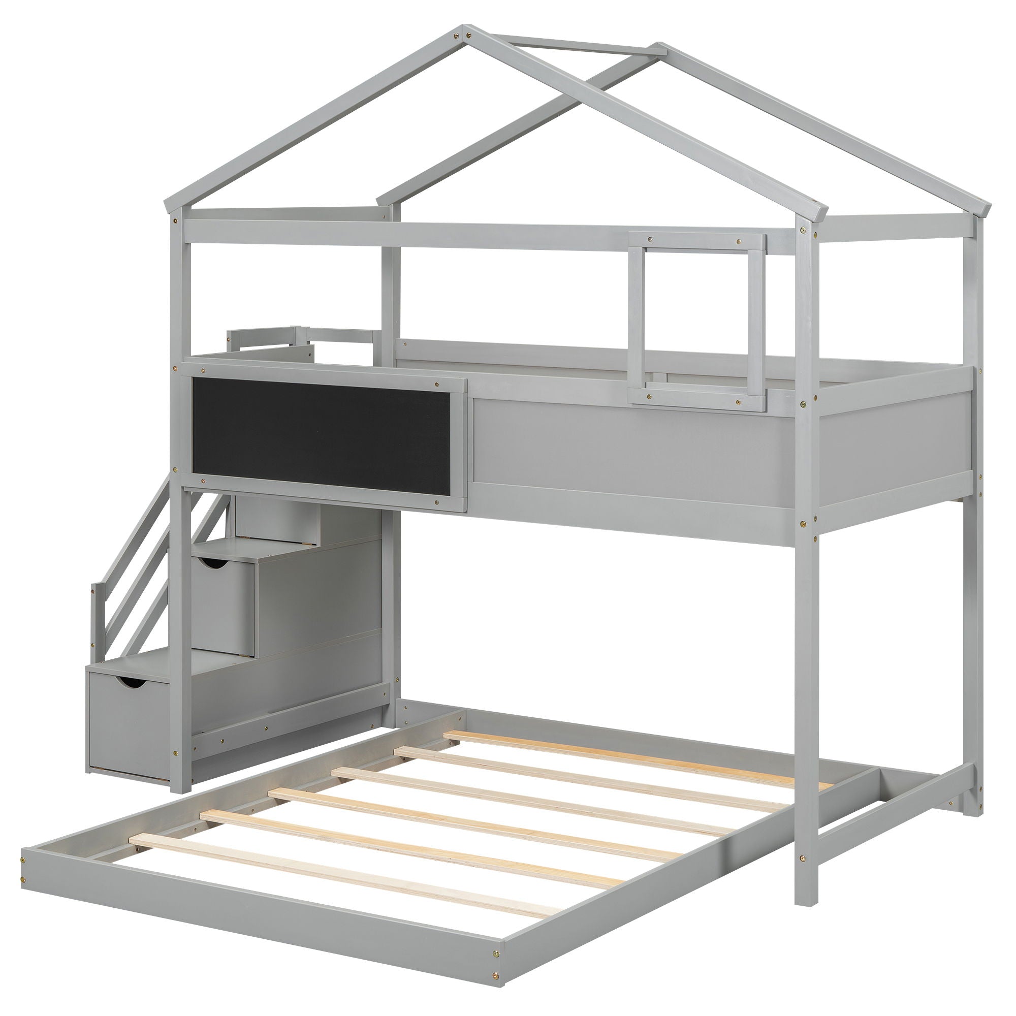 House Style Bunk Bed With Storage Staircase And Blackboard