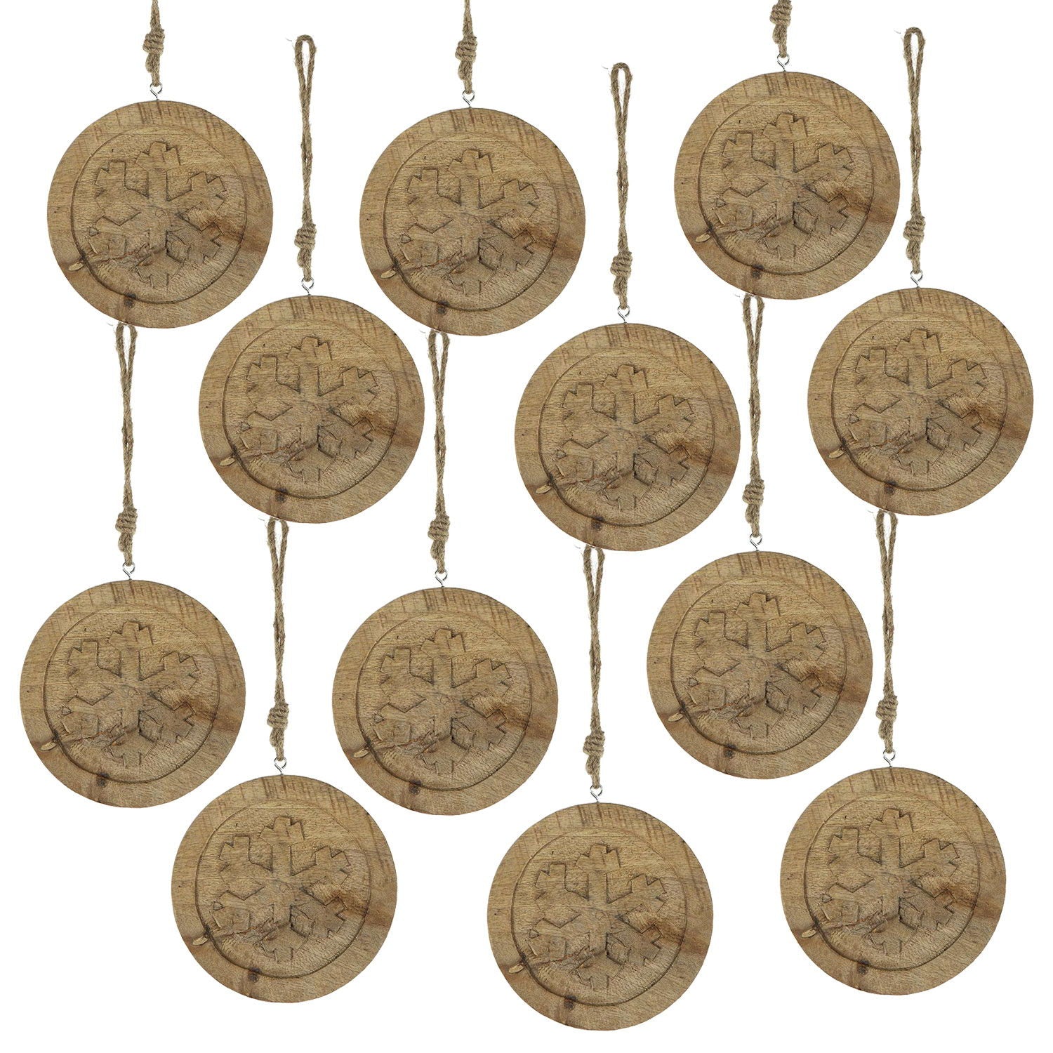 Wooden Hanging Circle With Snowflake Cut Decorative Hanging Christmas Tree Ornaments For Holiday Party Decorations (Set of 12) - Multi
