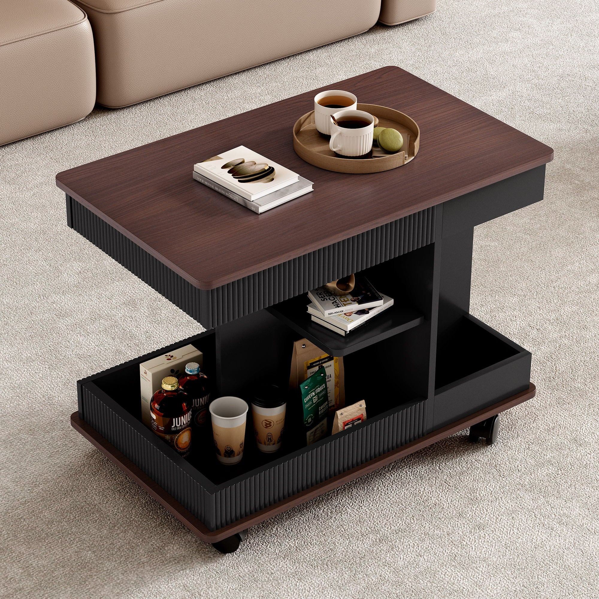 Adjustable End Table With Wheels, 360°Rotating Top And Storage Space