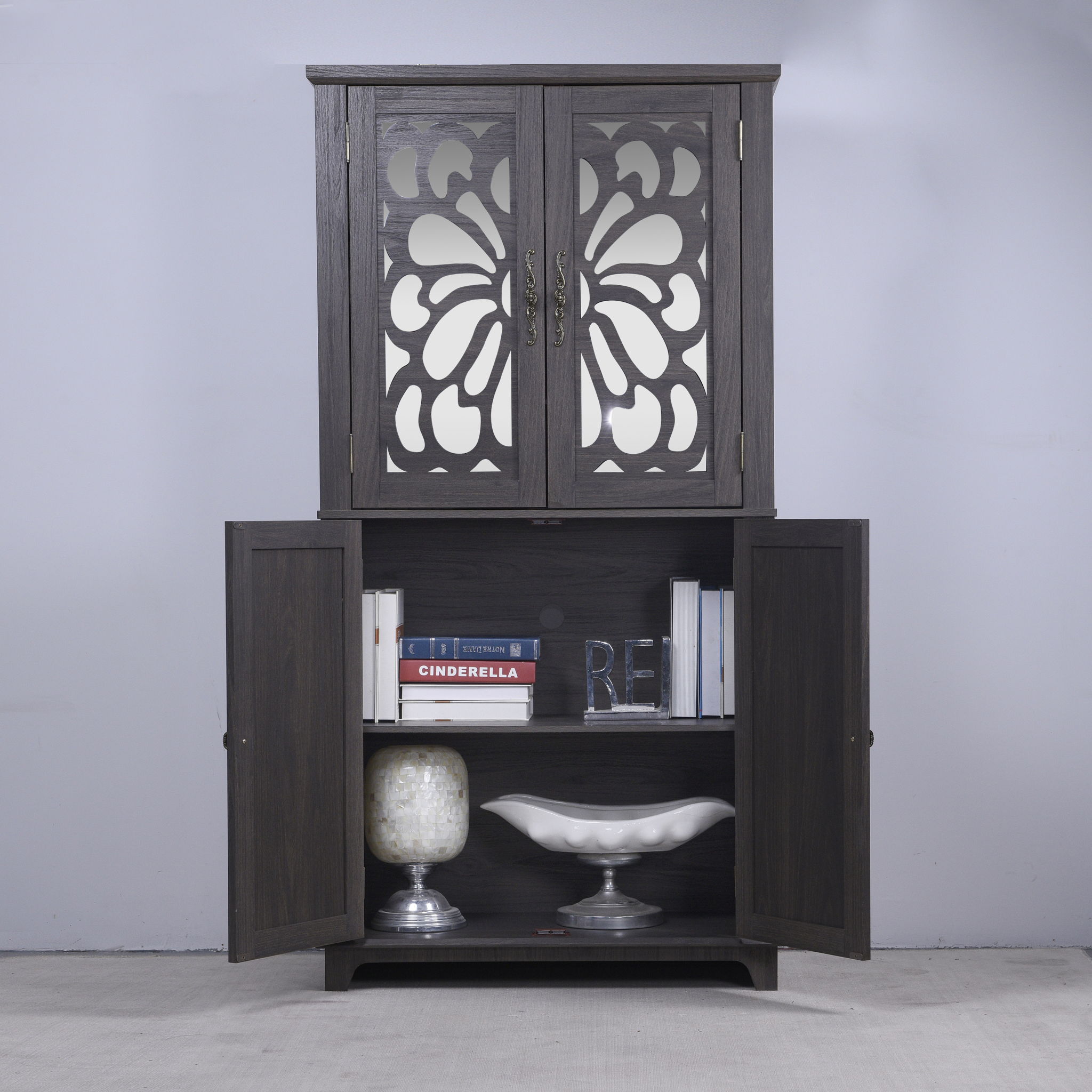 Modern Sideboard Buffet With 4 Mirrored Doors, Adjustable Shelves