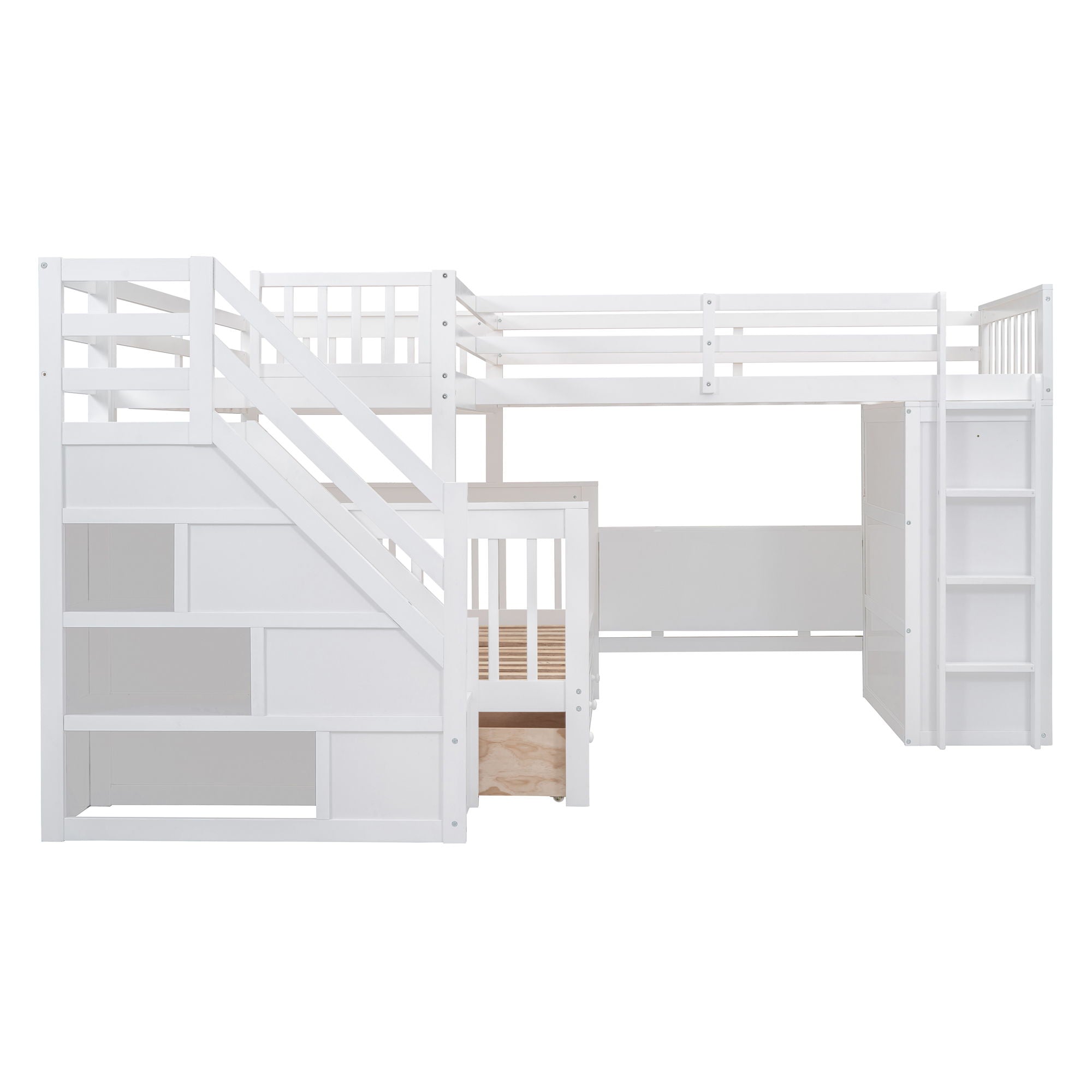 L Shaped Bunk Bed With 3 Drawers, Portable Desk And Wardrobe