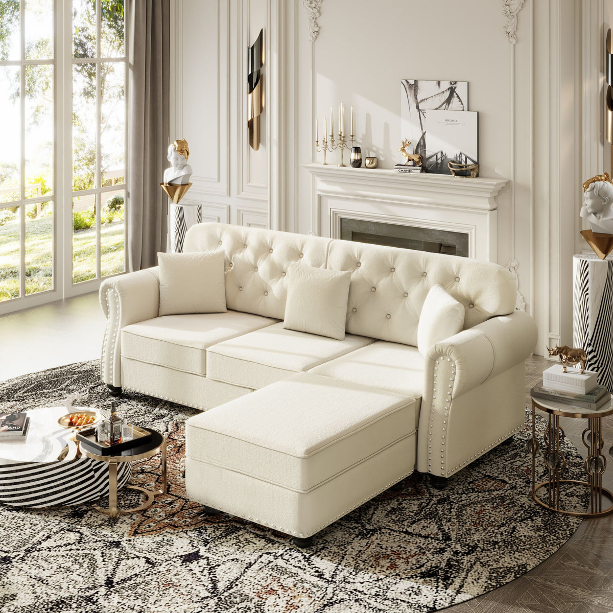 Upholstered Sofa Set With Nailhead Trim And Rolled Armrests, Includes Pillows