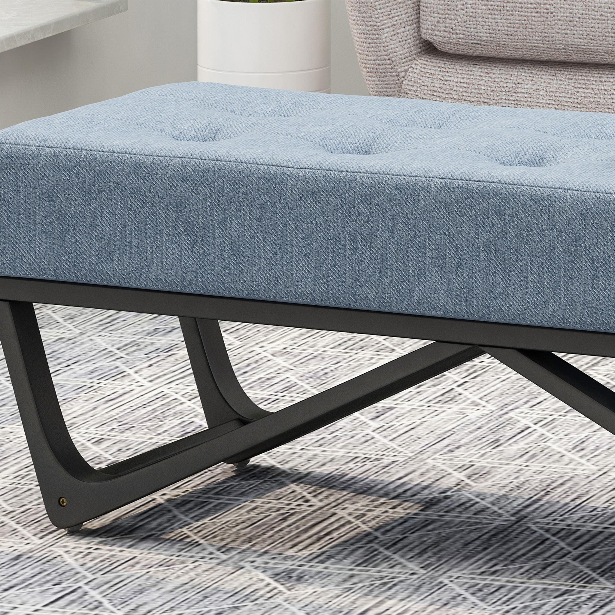 Upholstered Ottoman With Button Tufted Waffle Stitch And Black Geometric Legs - Light Blue