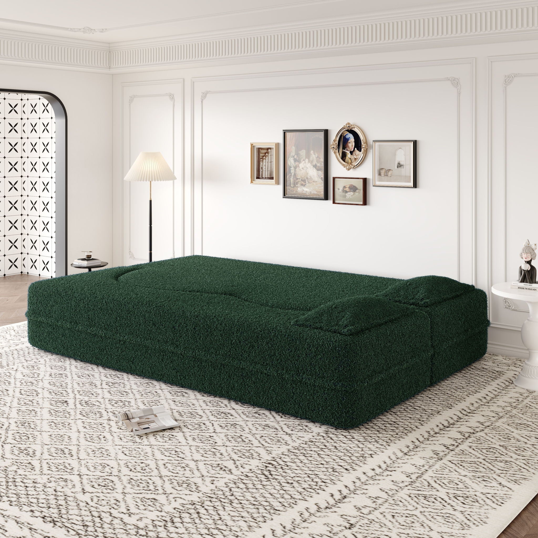 Modern Floor Sofa, With 2 Pillows, Convertible Teddy Fabric Foam Filled Bed
