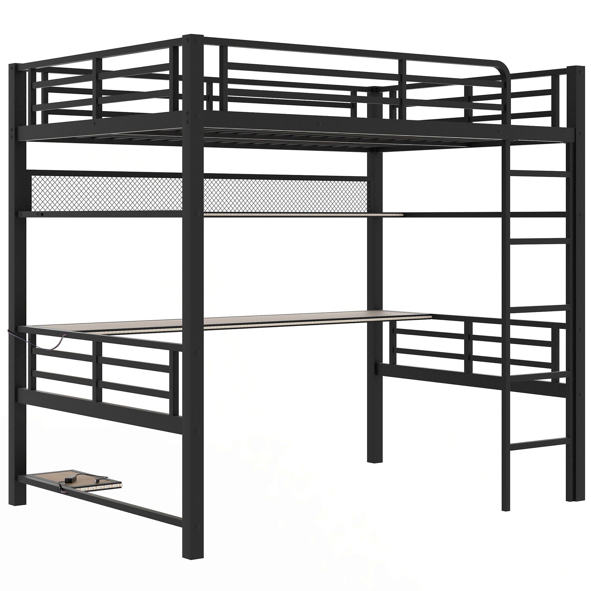 Full Size Loft Bed Frame With Storage Shelf And LED Light - Black