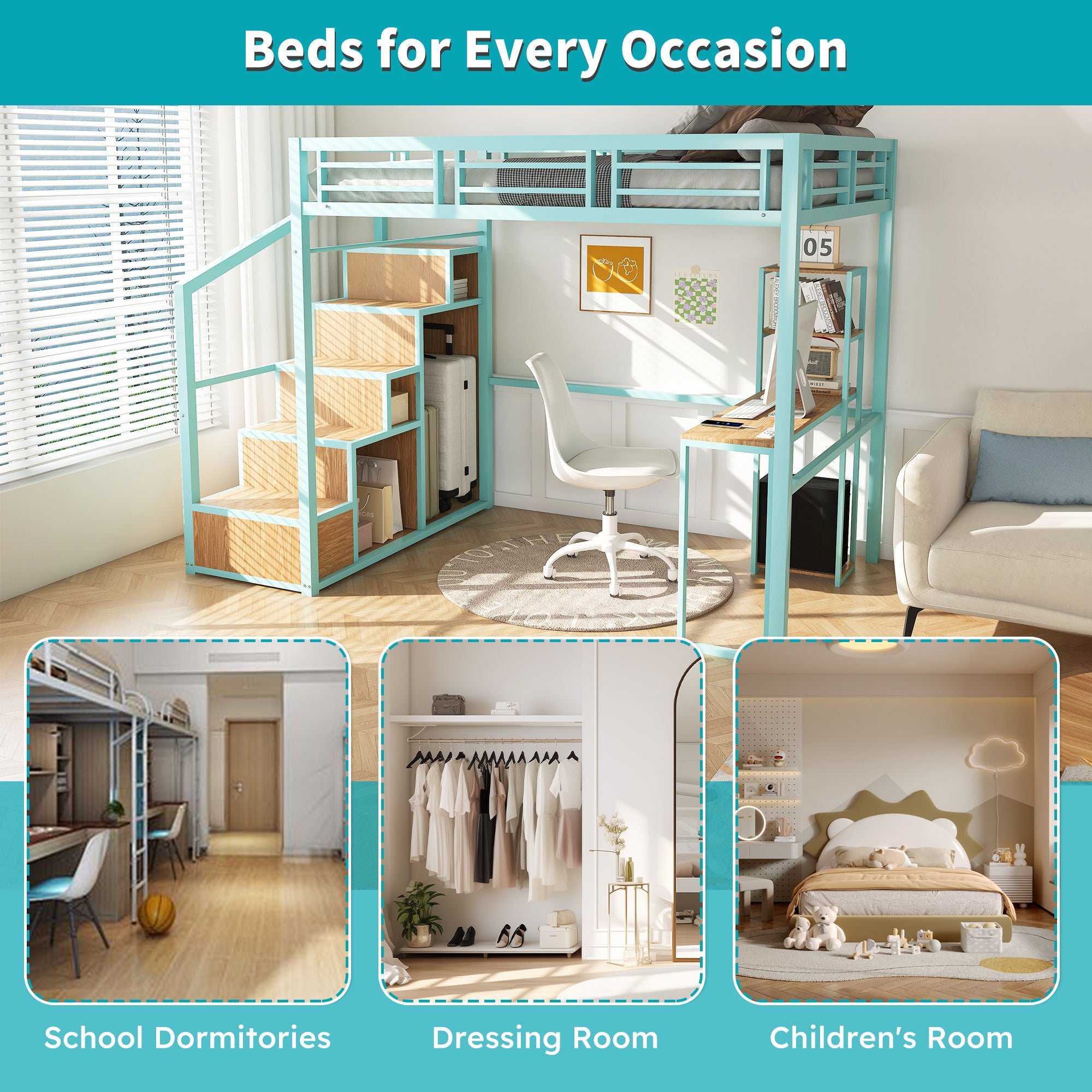 Heavy Metal Frame Full Loft Bed With Desk & Storage, 4 Cabinets, Staircase, Rack Space Saver - Green