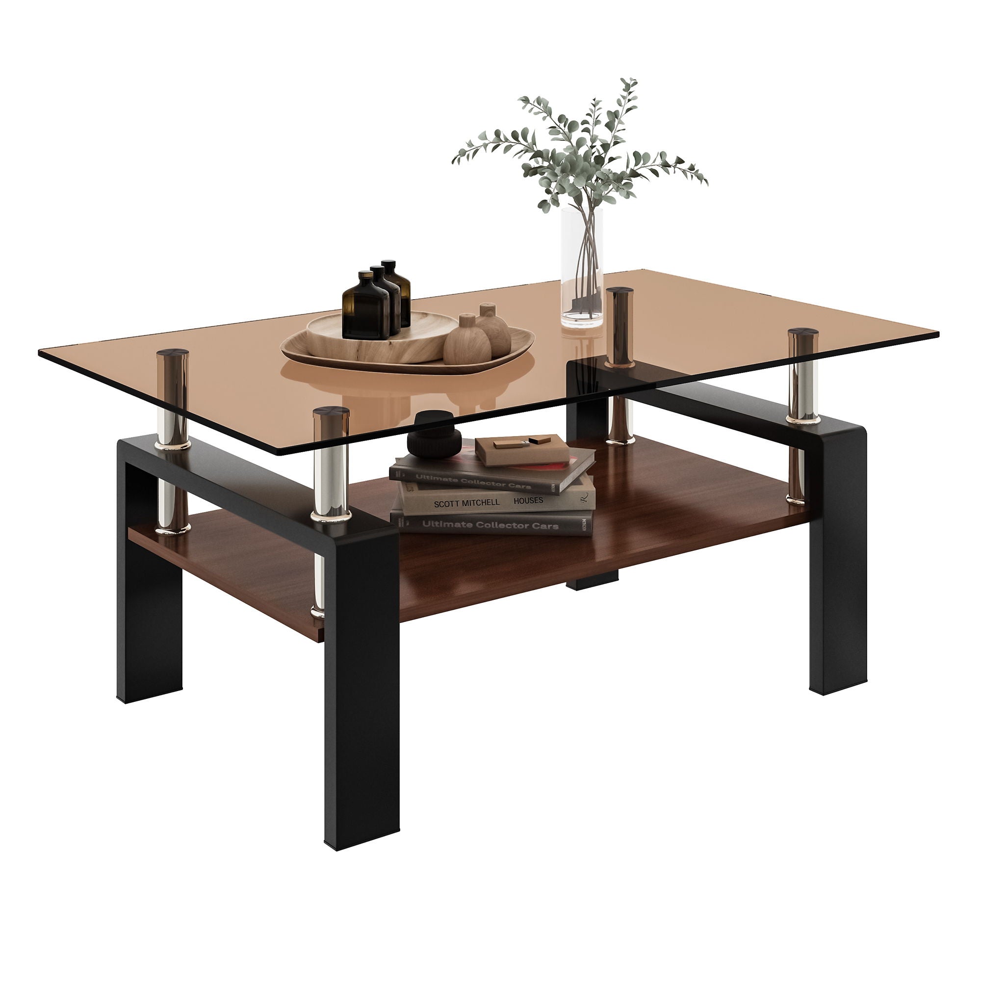 Modern Rectangular Coffee Table With Tempered Glass Top