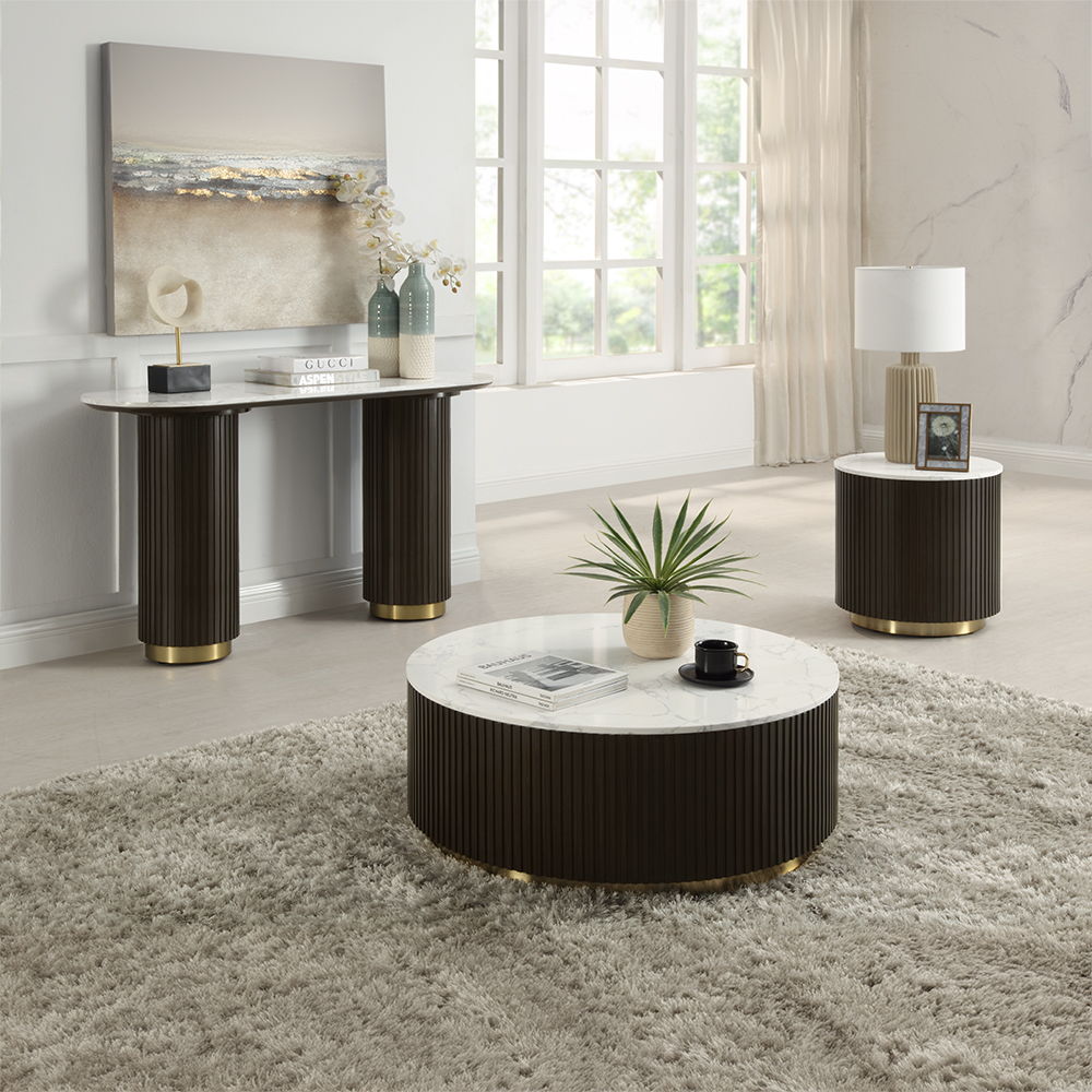 ACME Clayten - Sofa Table - White Natural Marble Top & Espreeso Finish | Meri Furniture