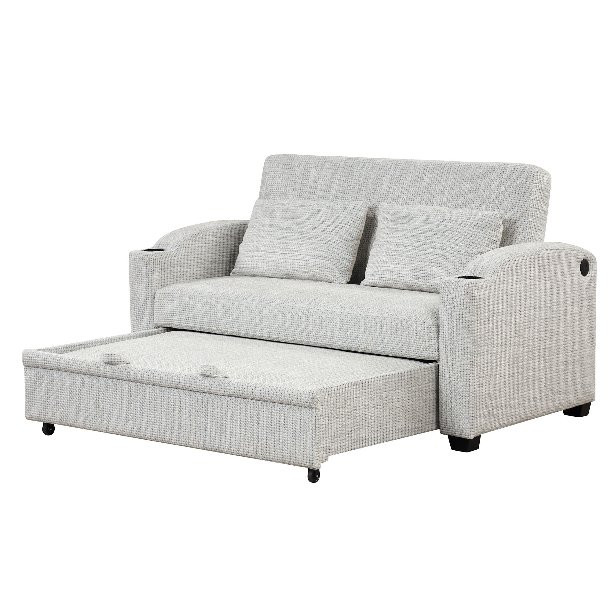 Pull Out Loveseat Sofa With Adjsutable Backrest, 2 Pillows, Cup Holders, USB Ports For Living Room