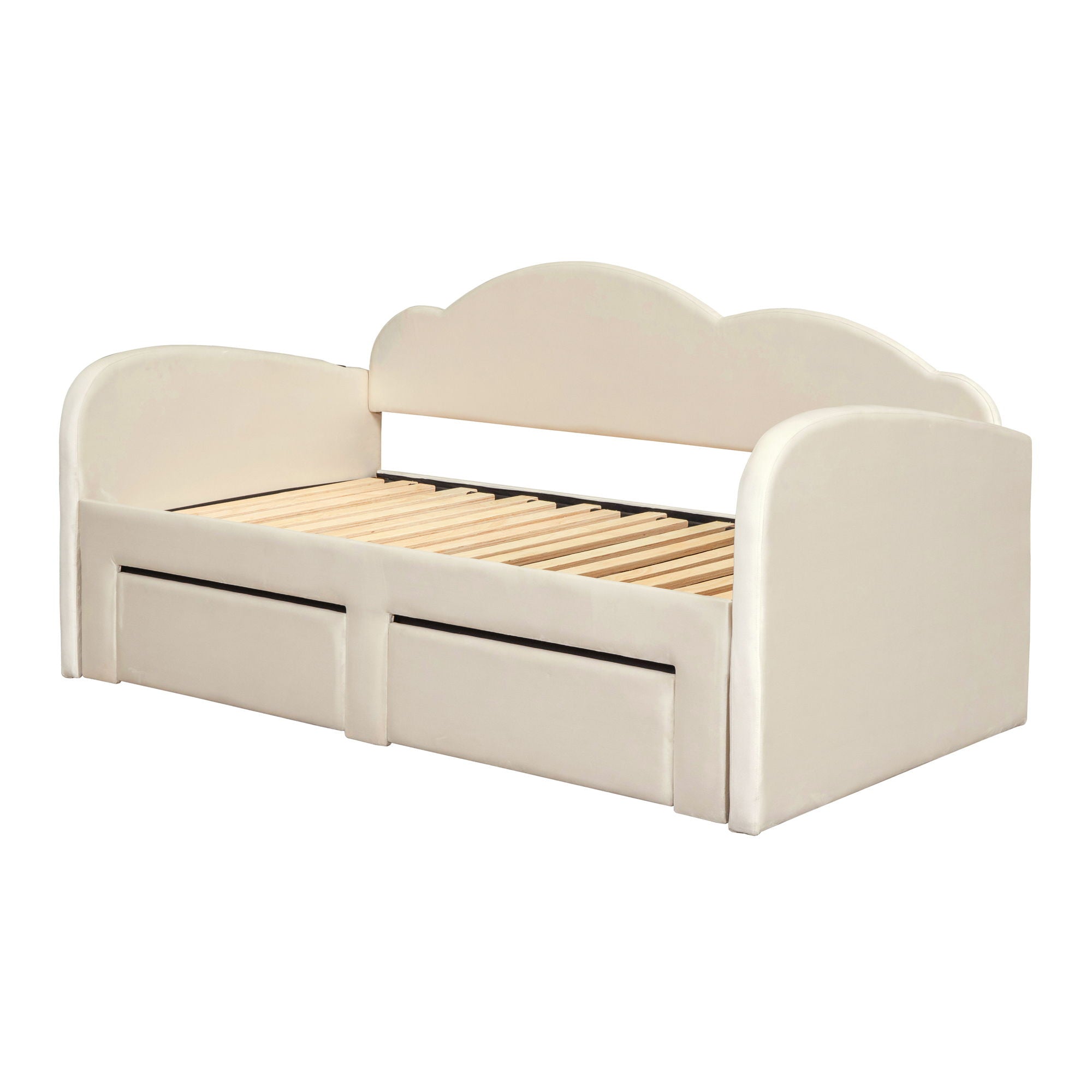 Upholstered Daybed With Cloud-Shaped Backrest, Trundle & 2 Drawers And USB Ports