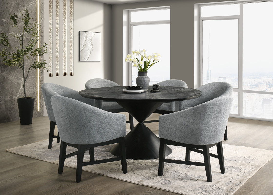 Haven 7Pc 59" Round Ebony Black Pedestal Dining Set with Hourglass Table Base and Gray Barrel Chairs