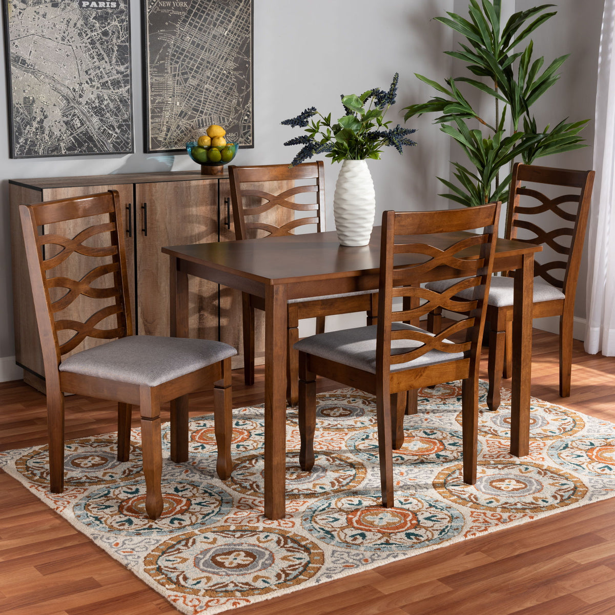 Lanier Modern and Contemporary Grey Fabric Upholstered and Walnut Brown Finished Wood 5-Piece Dining Set