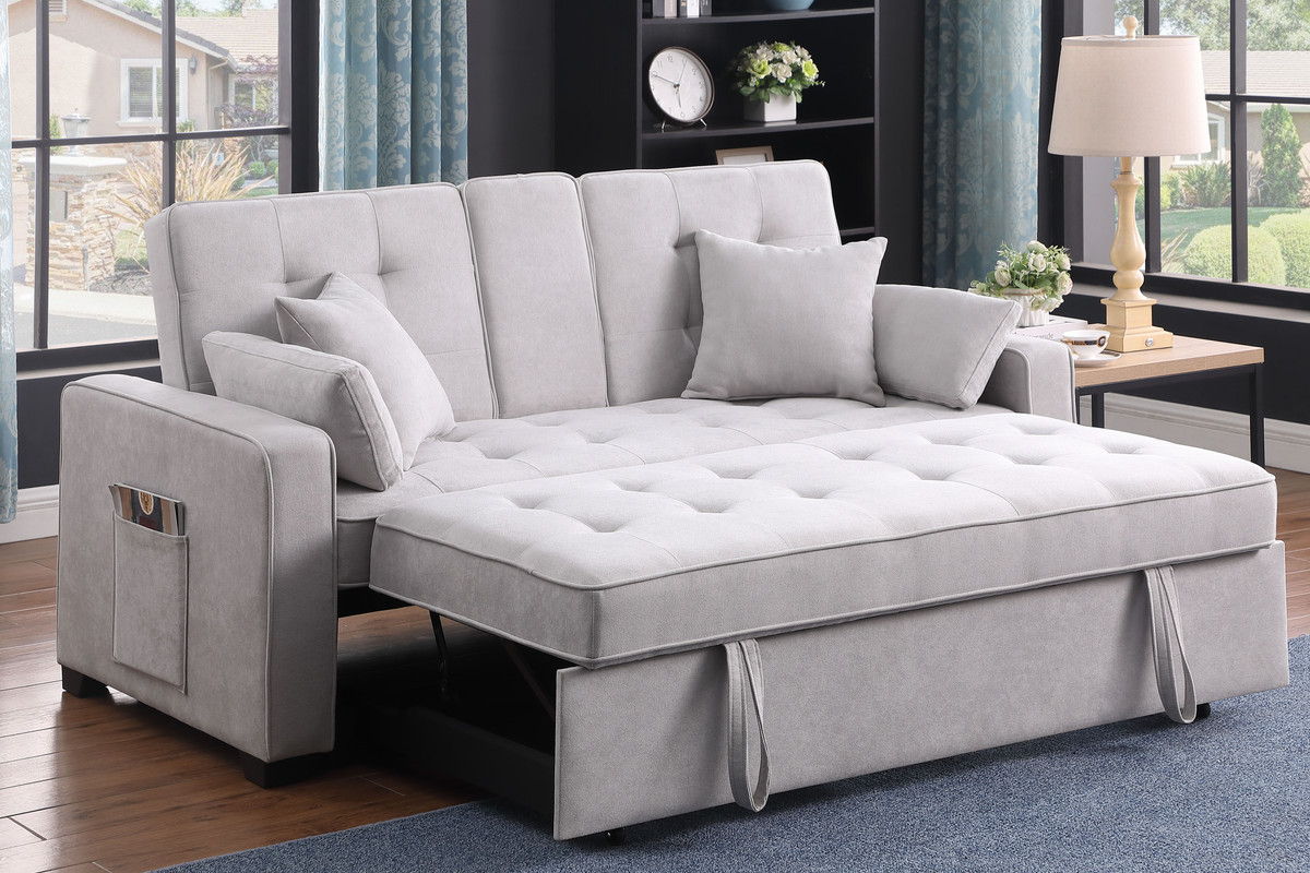 Cody II 70"W Light Gray Woven Fabric Convertible Sleeper Loveseat with Dropdown Console, Cup Holders, Charging Ports, Pocket, and Pocket Coil Seating
