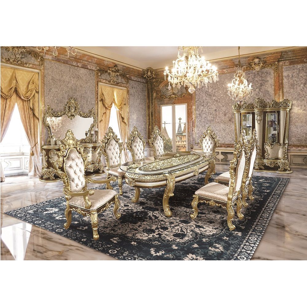 ACME Desiderius - Dining Table - Antique Gold & Hand-Painted Brown | Meri Furniture