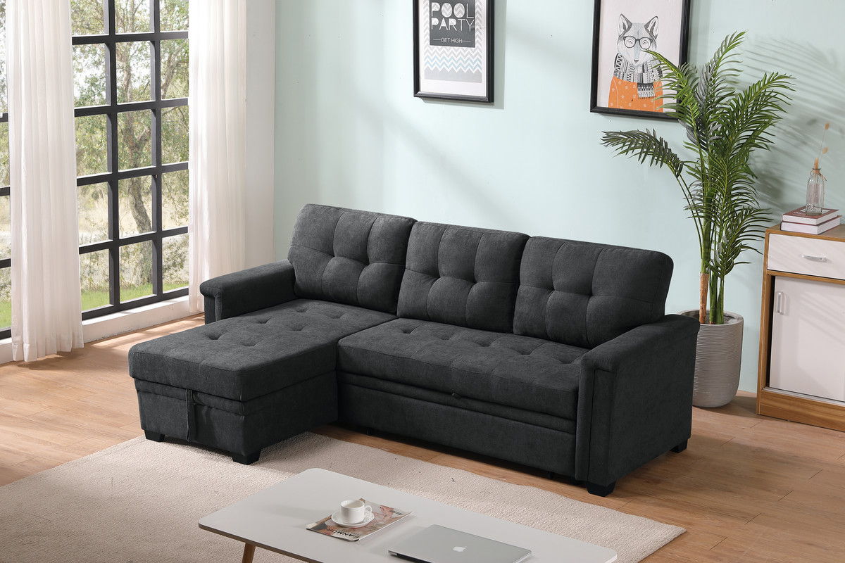 Ashlyn 84"W Dark Gray Woven Fabric Sleeper Sectional Sofa Chaise with USB Charger and Tablet Pocket
