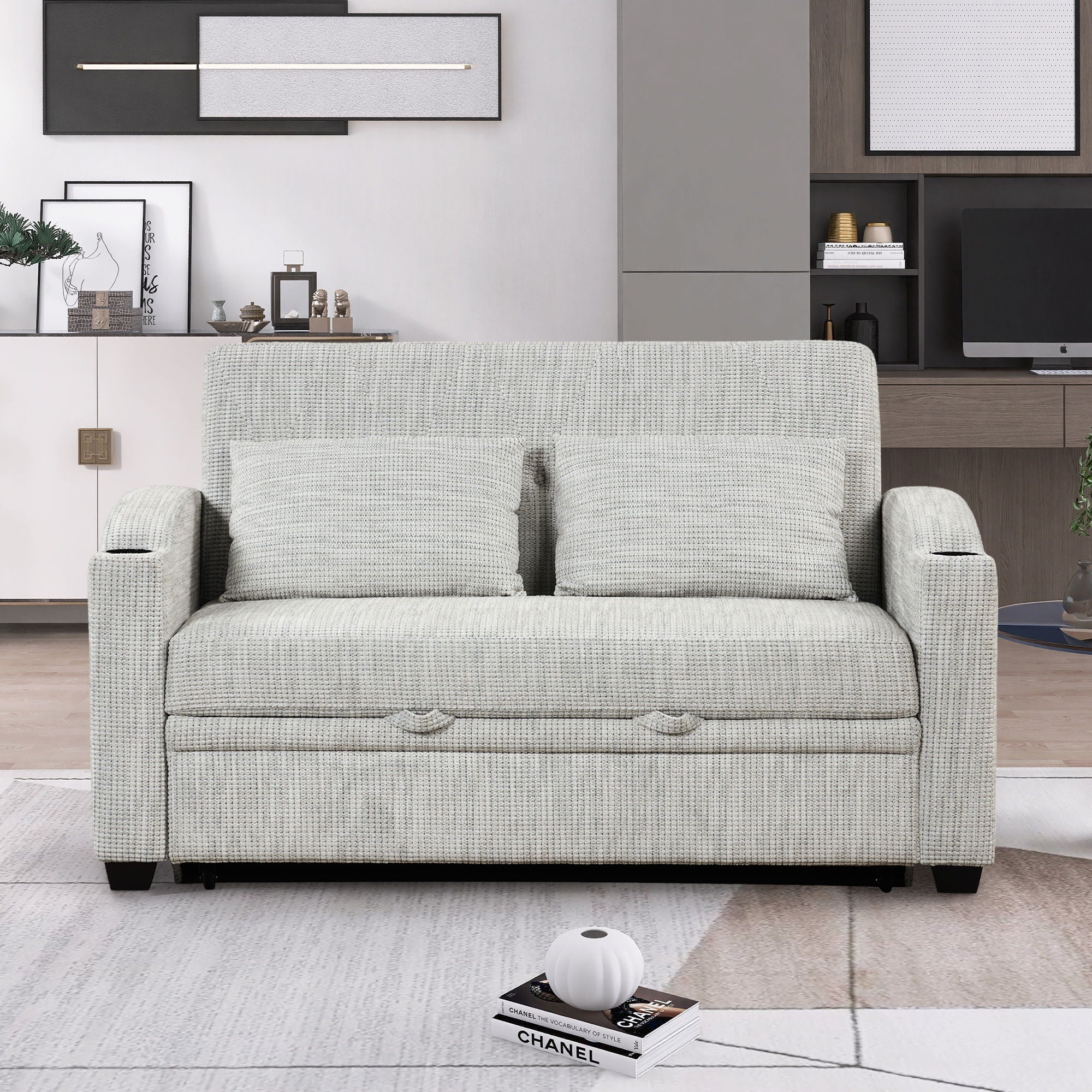 Pull Out Loveseat Sofa With Adjsutable Backrest, 2 Pillows, Cup Holders, USB Ports For Living Room