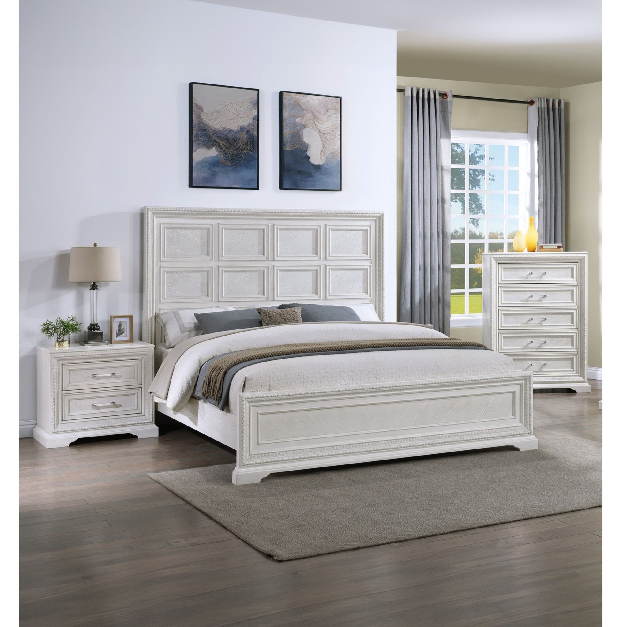 Queen Geometric Design Headboard Panel Bed Bedroom Furniture - Antique White