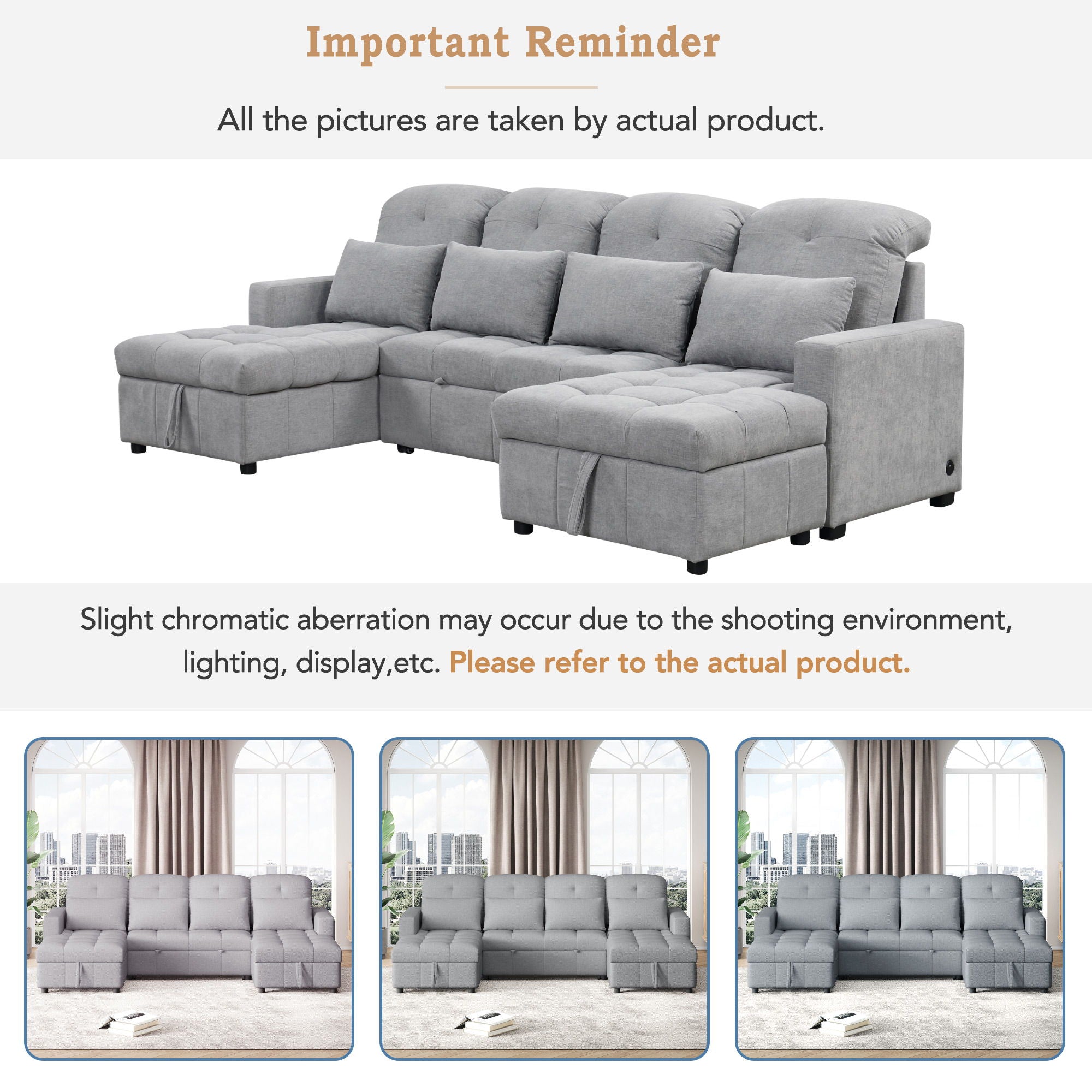 Oversized U-Shaped Versatile Sectional, Pull-Out Sofa Bed With Double Storage Chaise Lounges And 2 USB Ports For Living Room