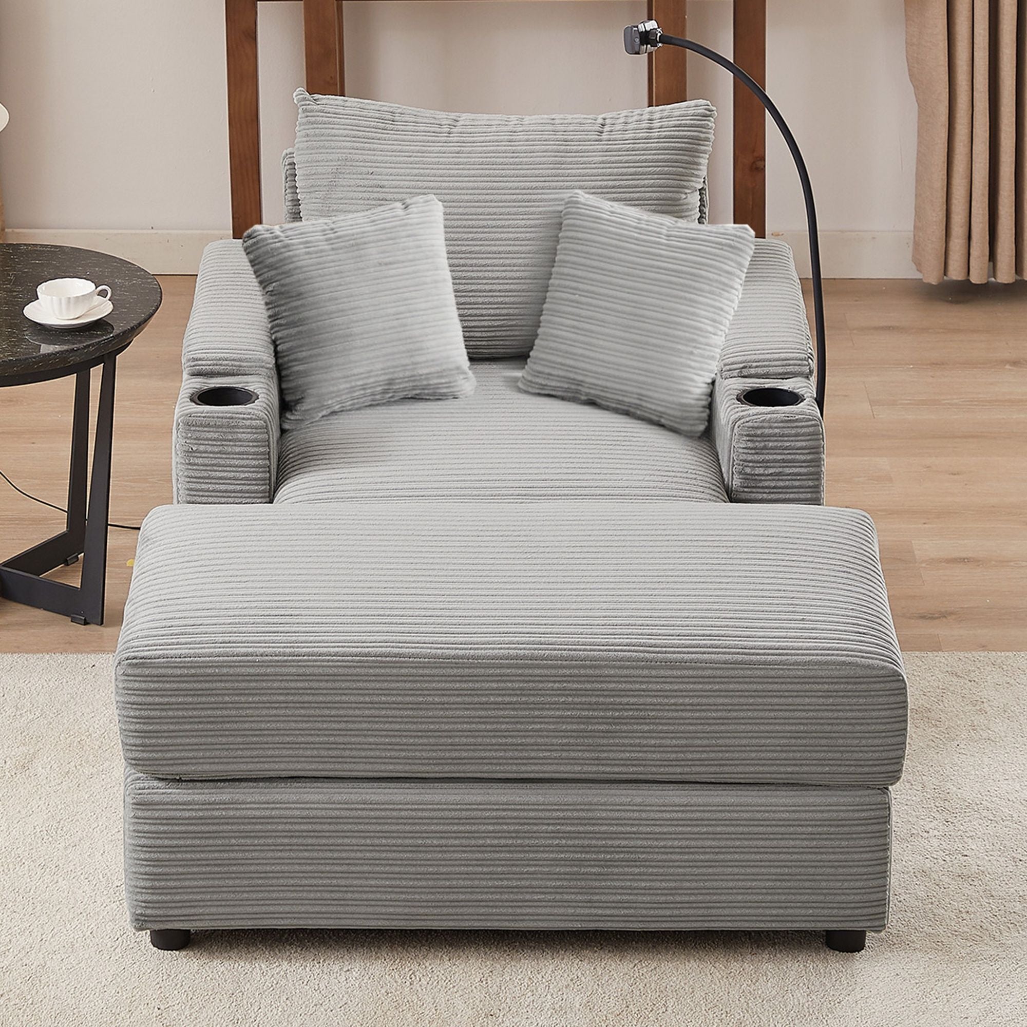 Single Sofa Couch With Storage Space, Movable Ottoman, USB Ports, Cup Holders, Phone Holder