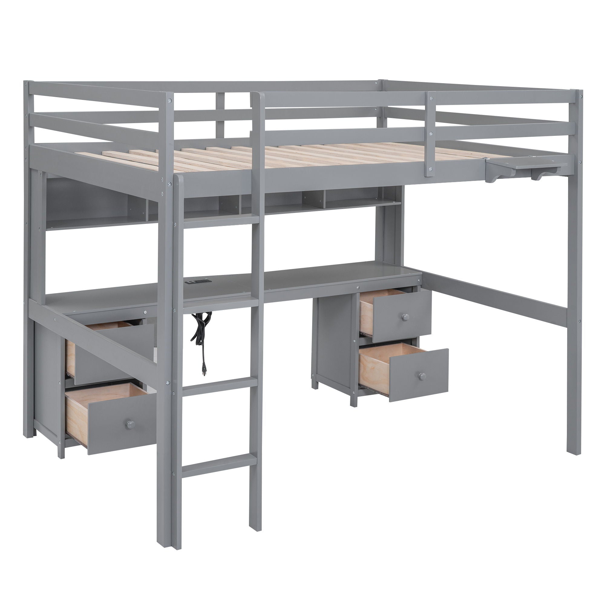 Loft Bed With Desk, Cabinets, Drawers, Charging Station And Bedside Tray