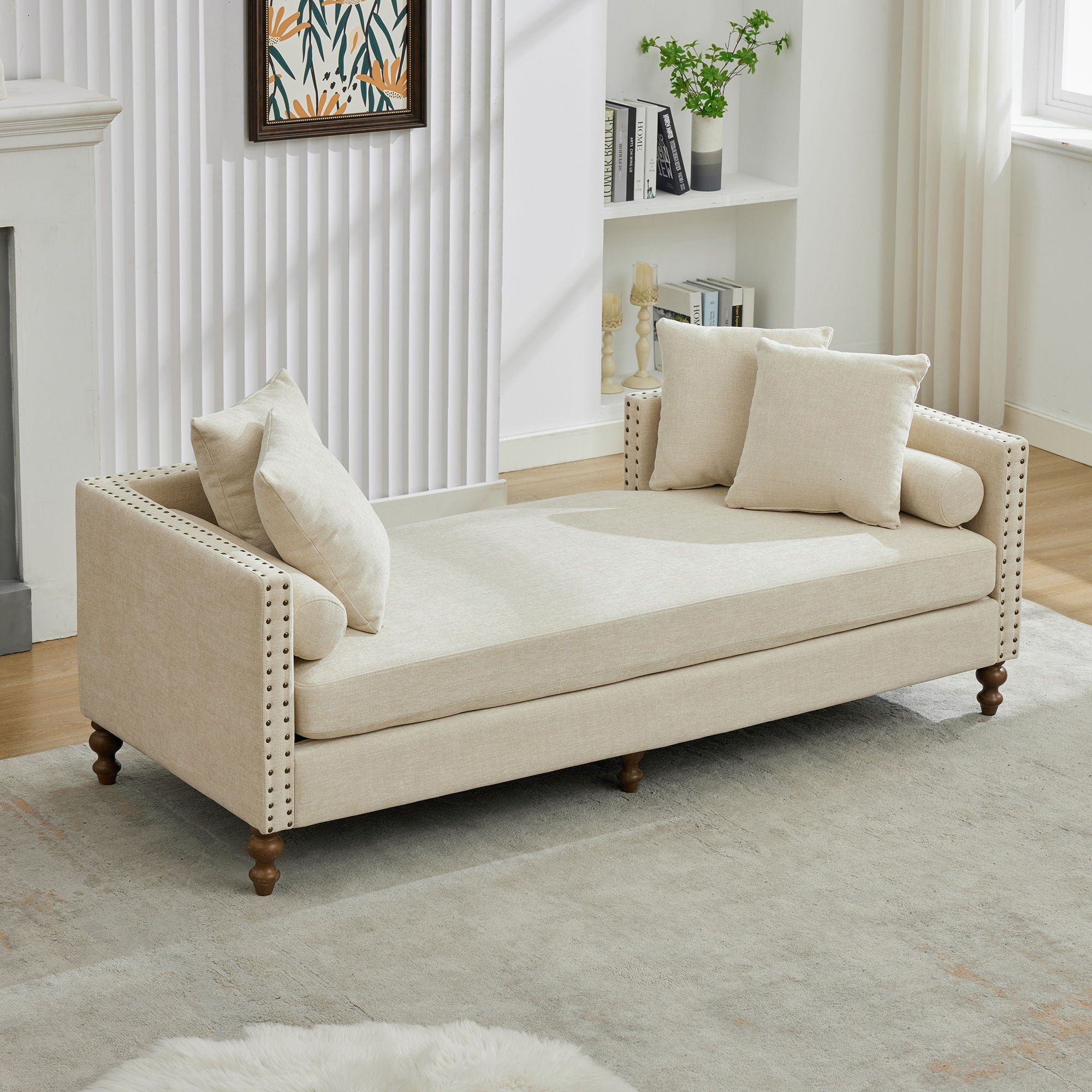 Upholstered Chaise Lounge Indoor With Nailheads, Sleeper Sofa Couch With 4 Throw Pillows & 2 Bolsters, Daybed With Rubberwood Legs