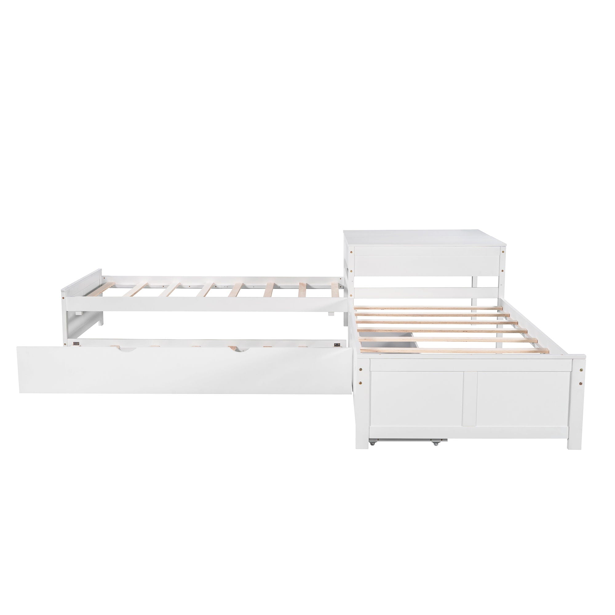 L Shaped Platform Bed With Trundle And Drawers Linked With Built In Desk